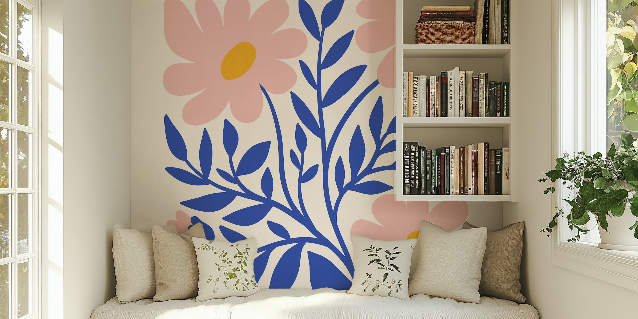 Pink and blue floral pattern wall mural wallpaper