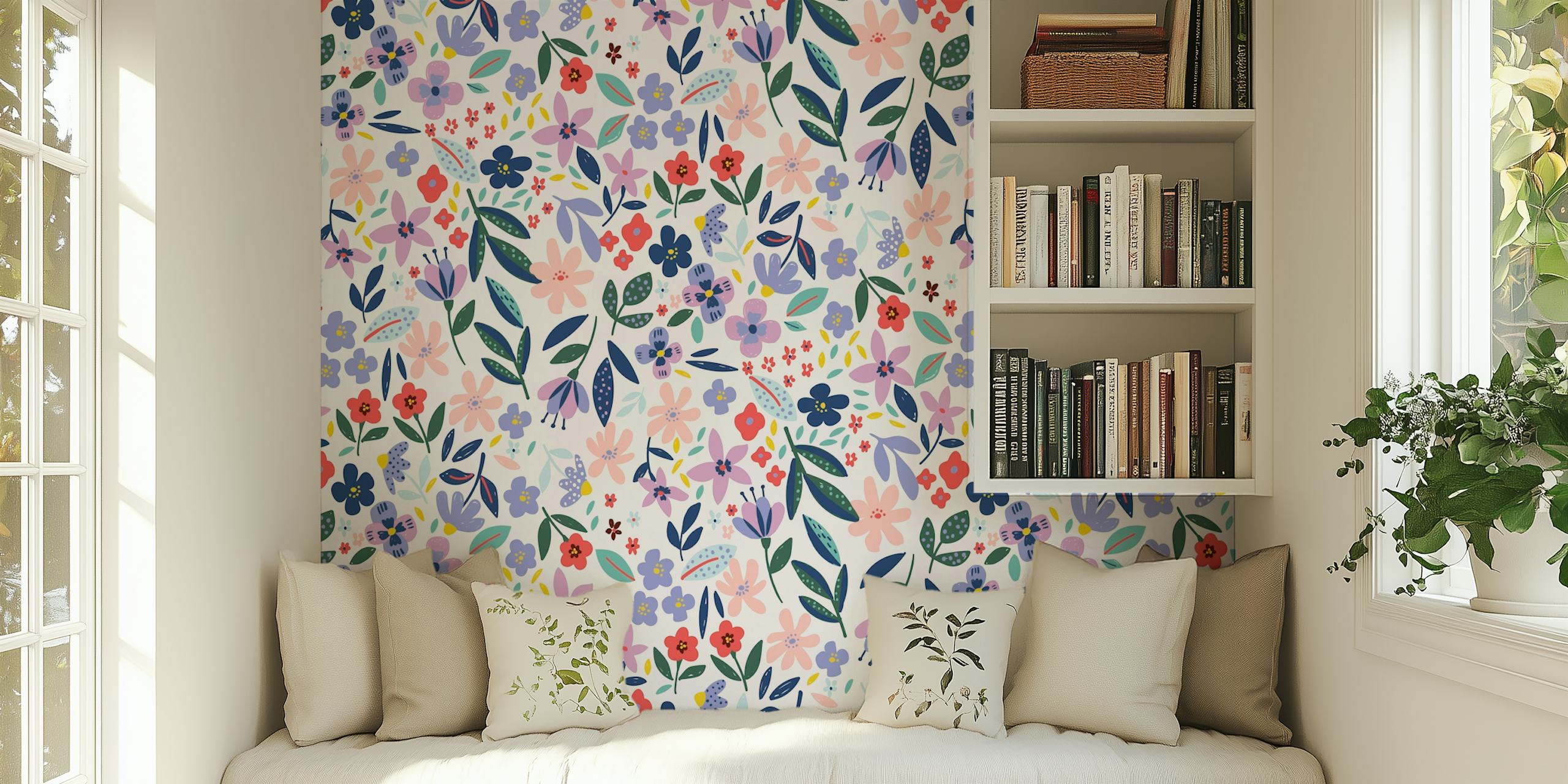 Maximalist bright bold florals - Pink purple květinová tapeta v místnosti