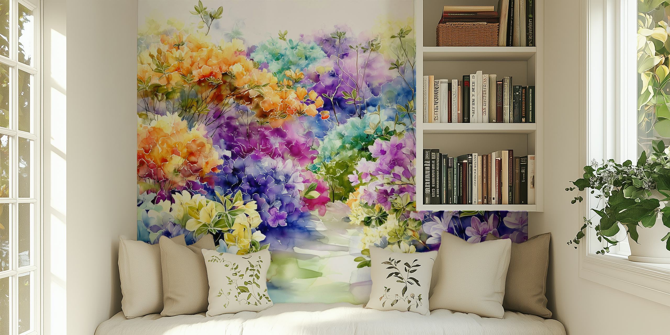 Colorful watercolor floral garden wallpaper in bright hues