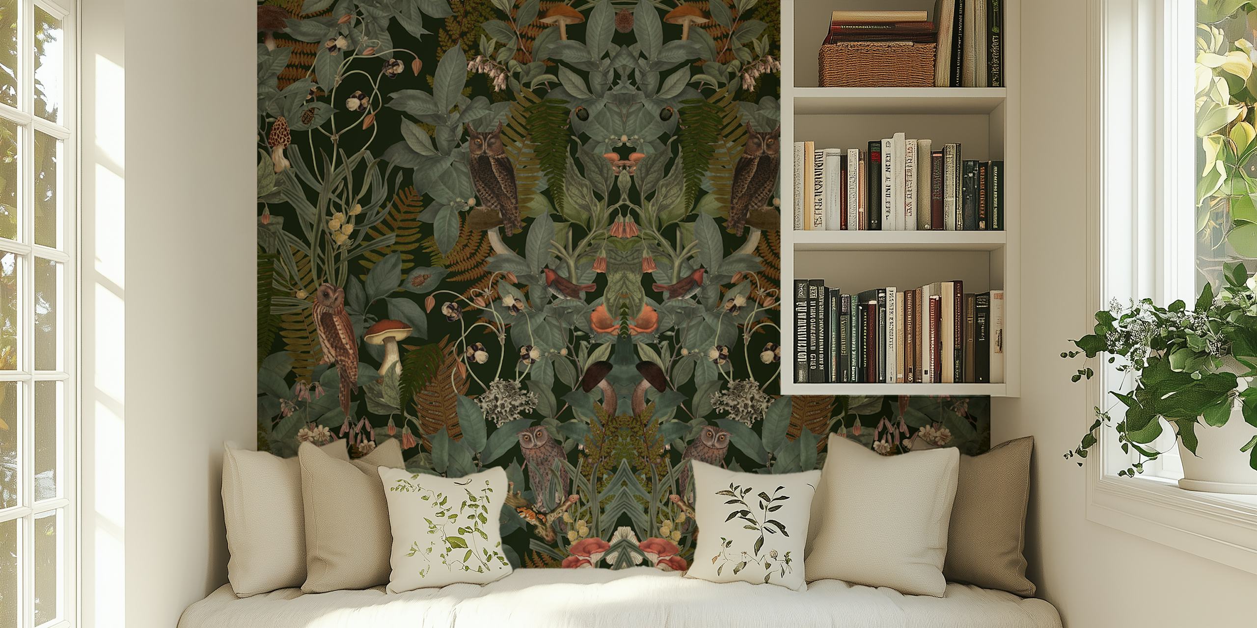 Owls, greenery, and mushrooms in a dark forest wallpaper