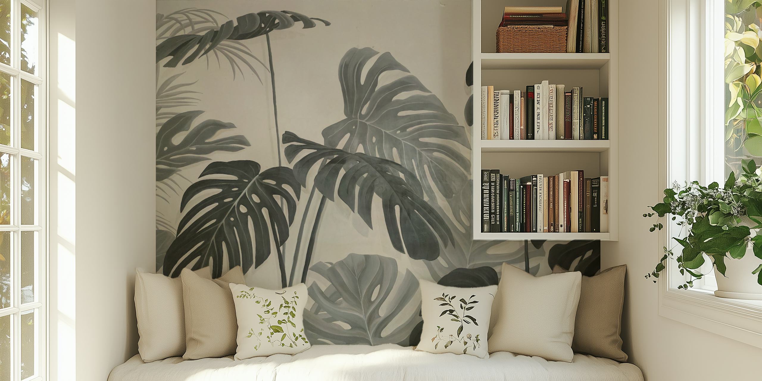 Tropical Monstera Leaf wallpaper em um quarto