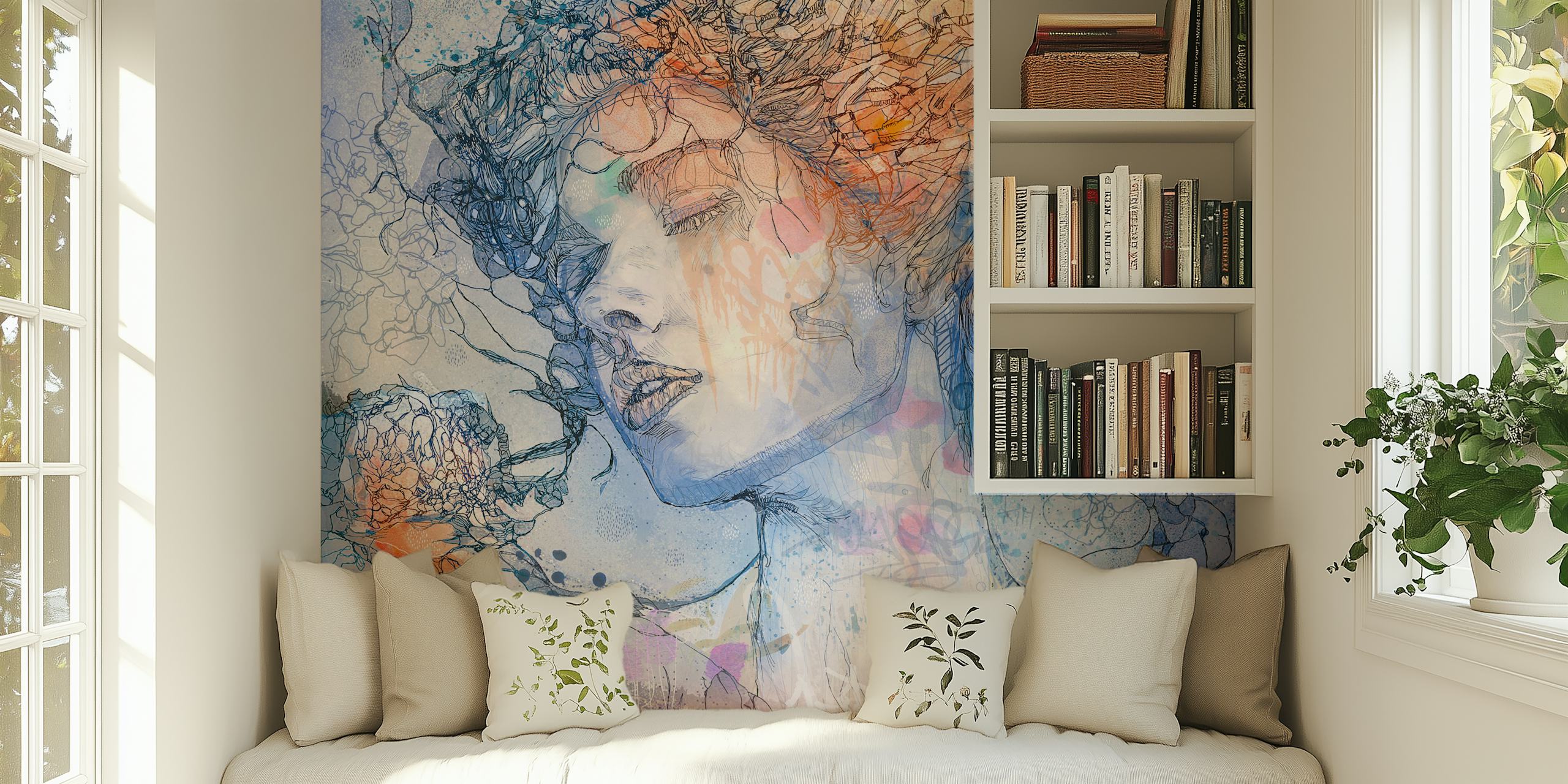 Floral patterns with blue, pink, and abstract detailing wallpaper