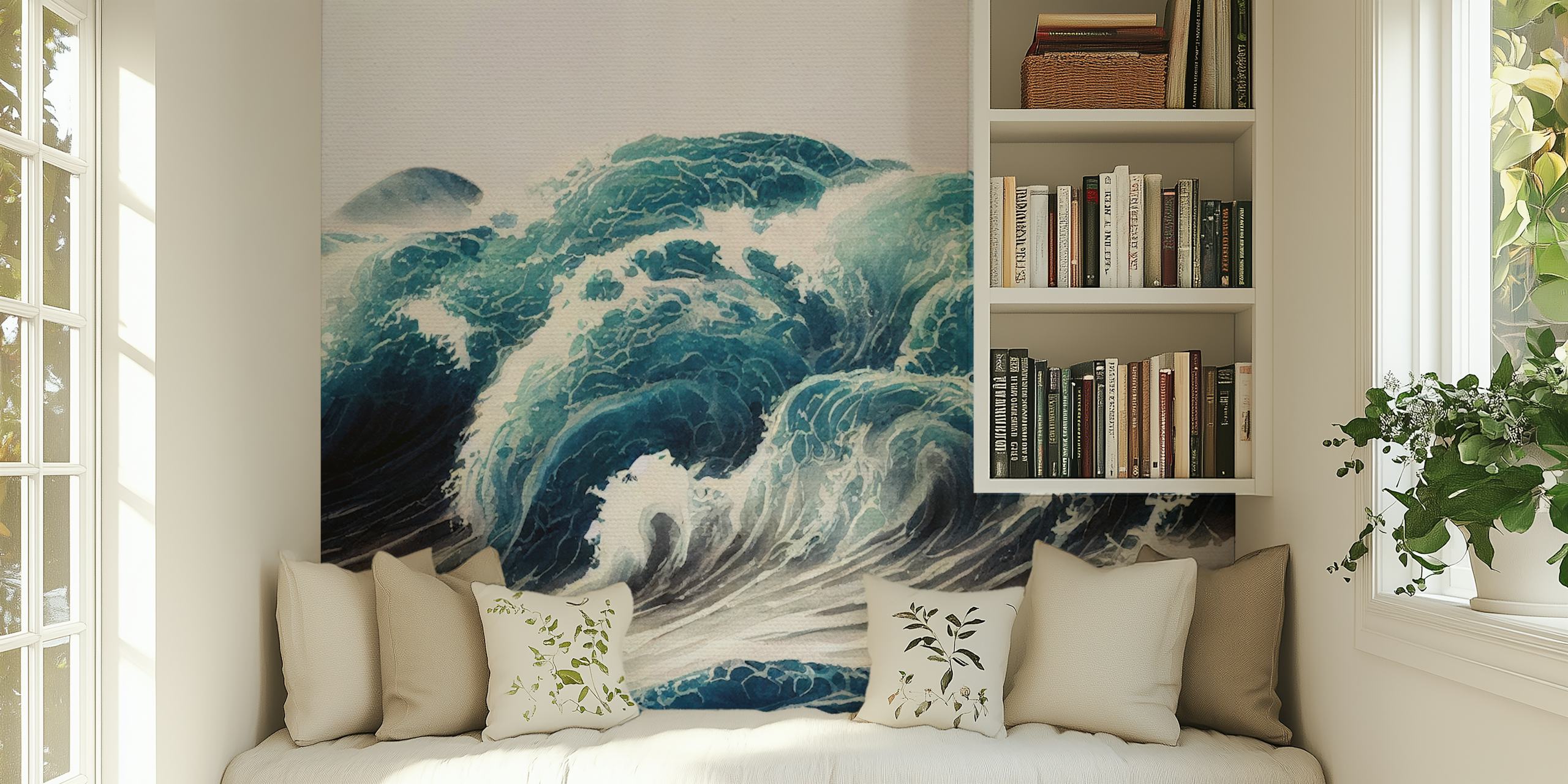 Papier peint Azure Teal avec vagues de lotus