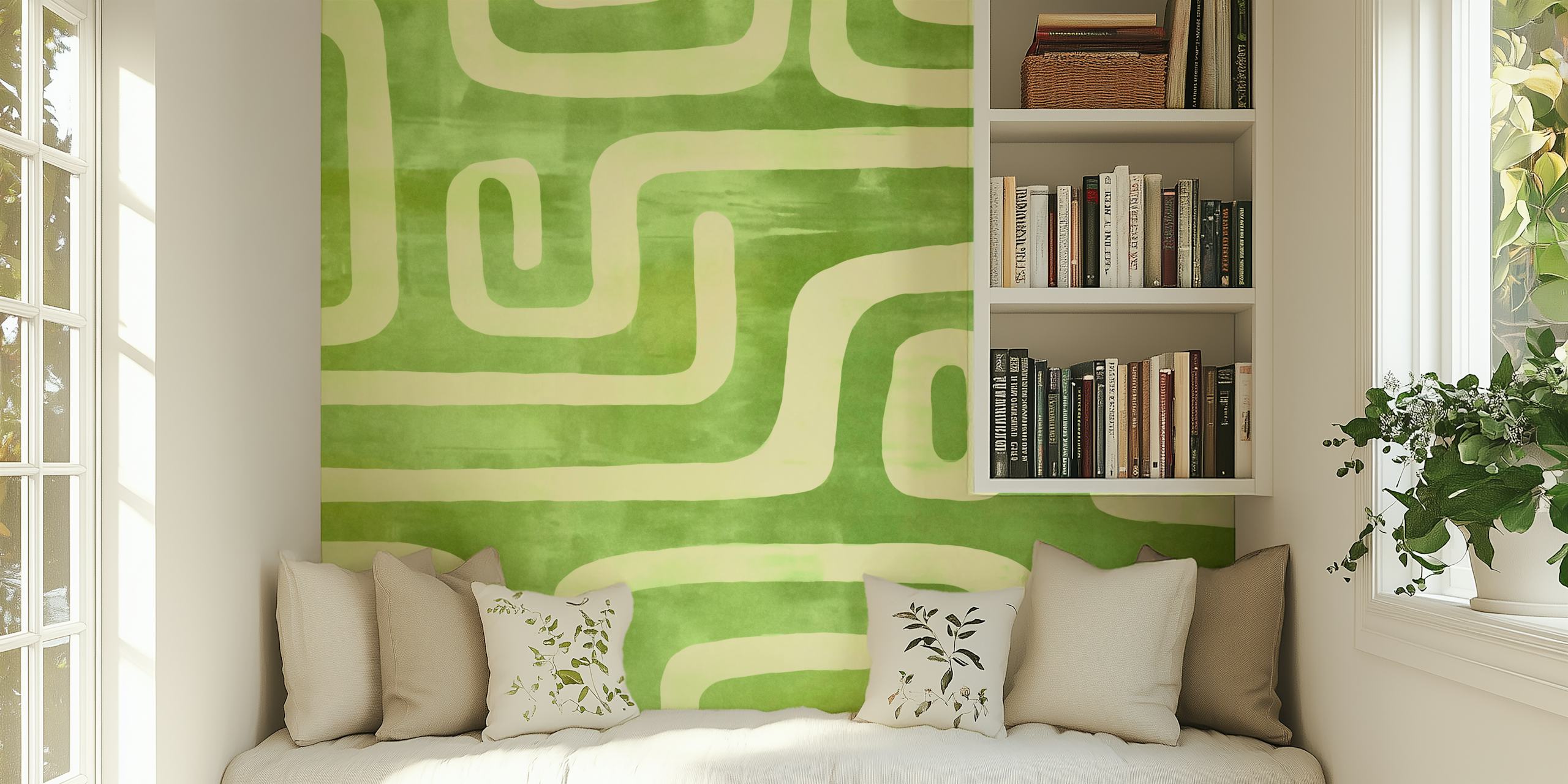 Green maze labyrinth wallpaper in a room