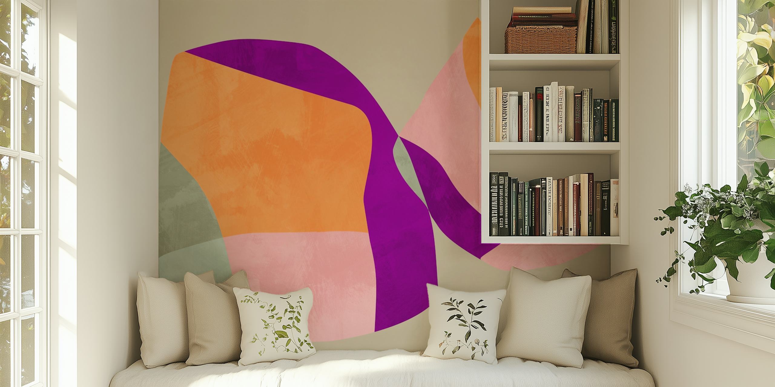 Colorful abstract shapes in orange, purple, and green wallpaper