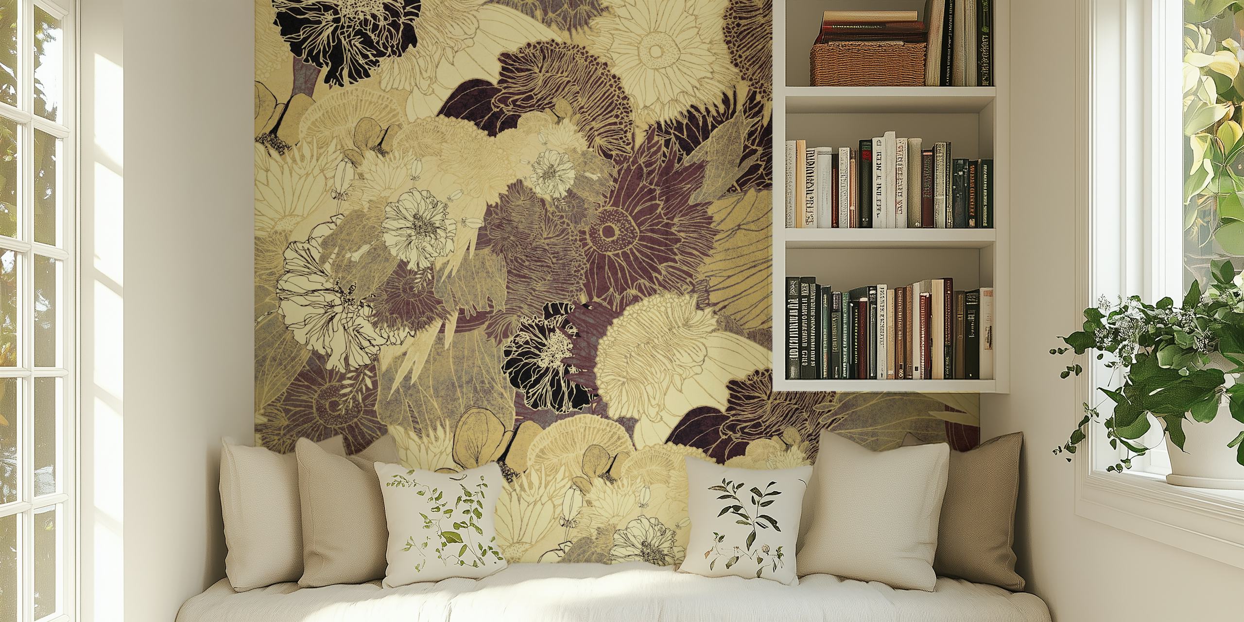 Beige and brown floral wallpaper with intricate designs