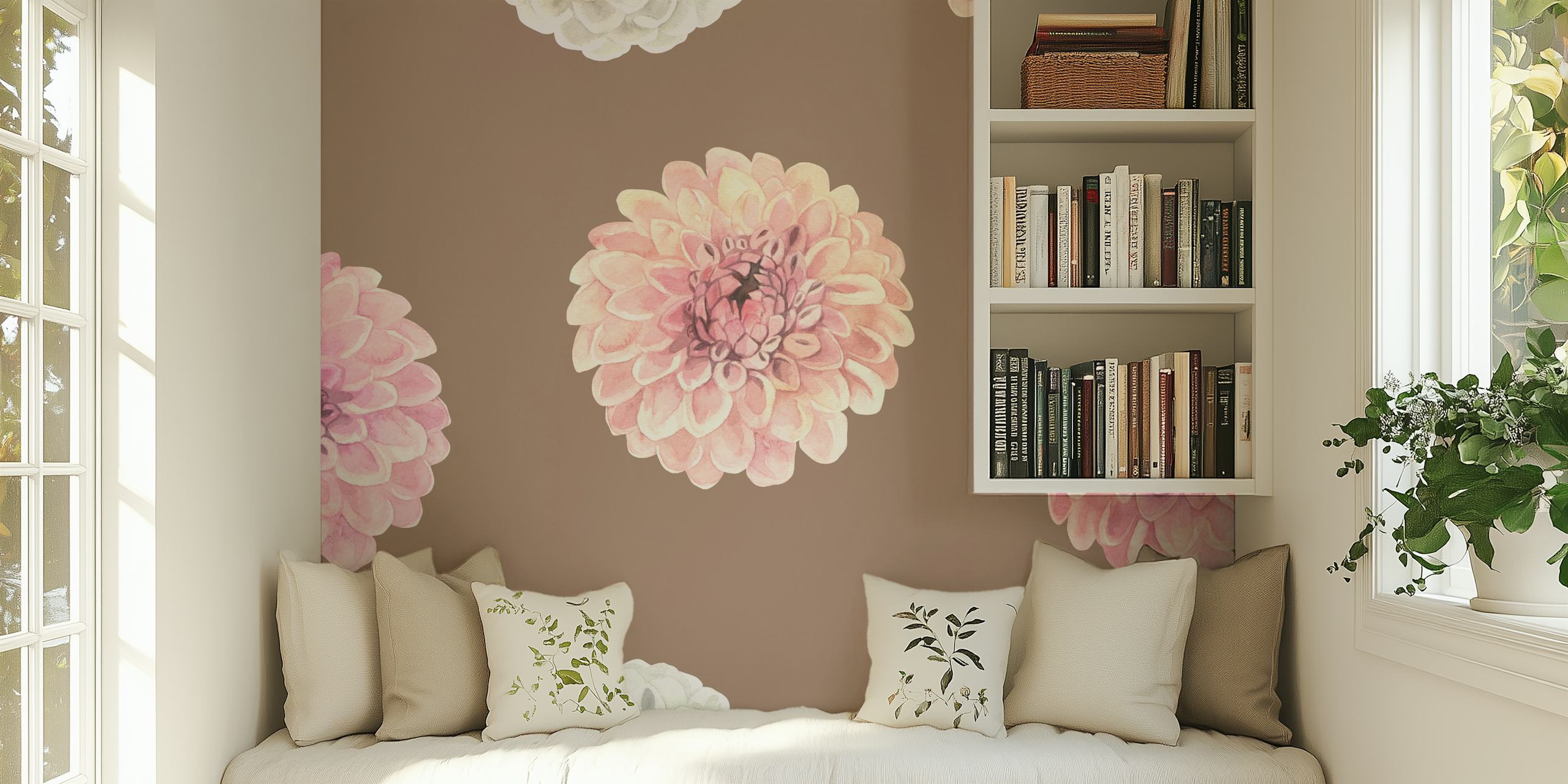 Watercolor dahlias in pink and white on brown wallpaper