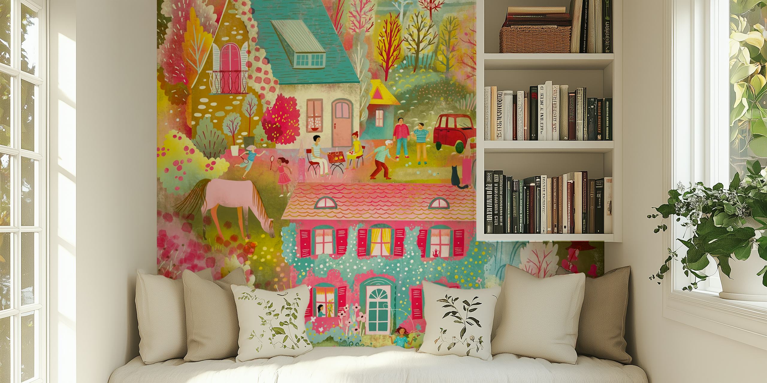 Bohemian cottages wallpaper in a cozy room