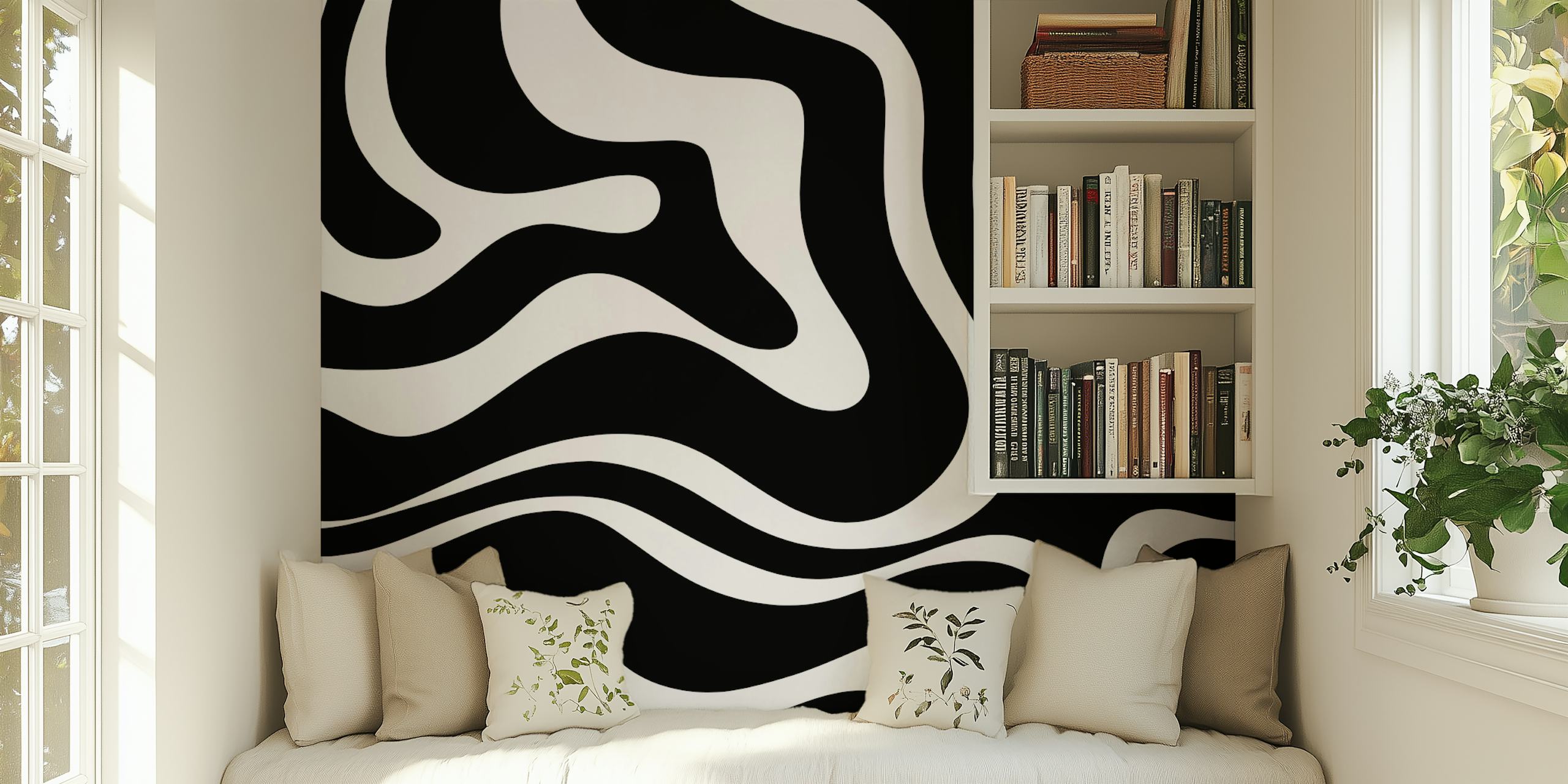 Moderne Liquid Swirl Black and White wallpaper in een kamer
