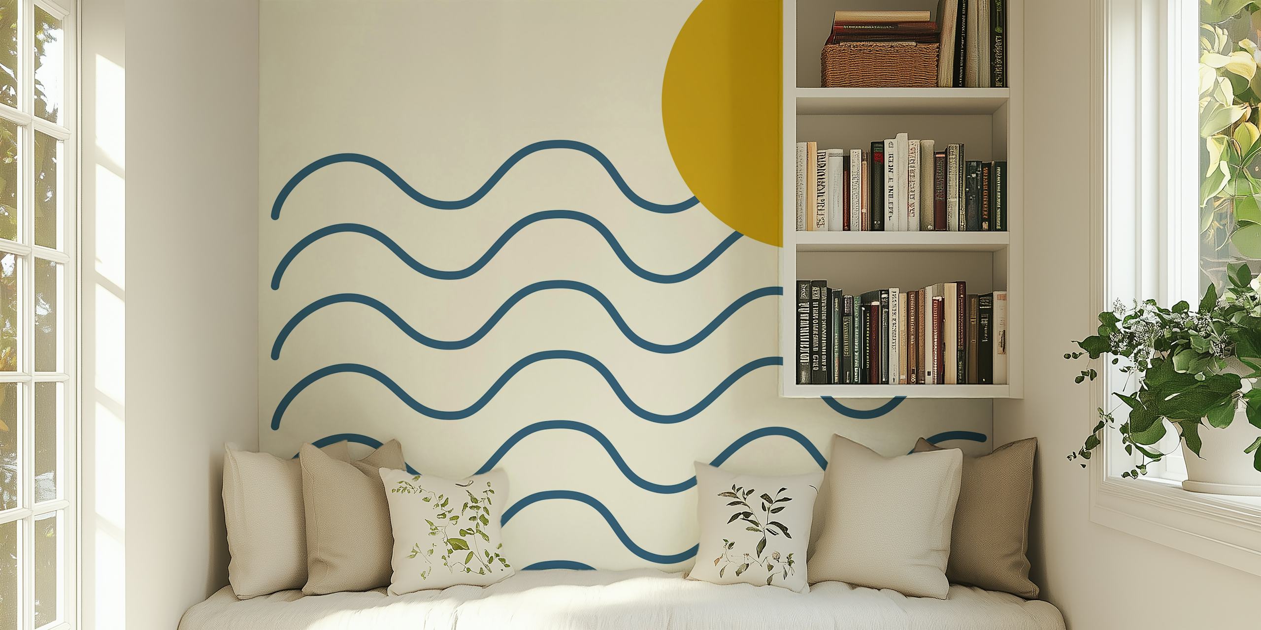 Tapeta Minimalist Coastal Sun and Waves w pokoju