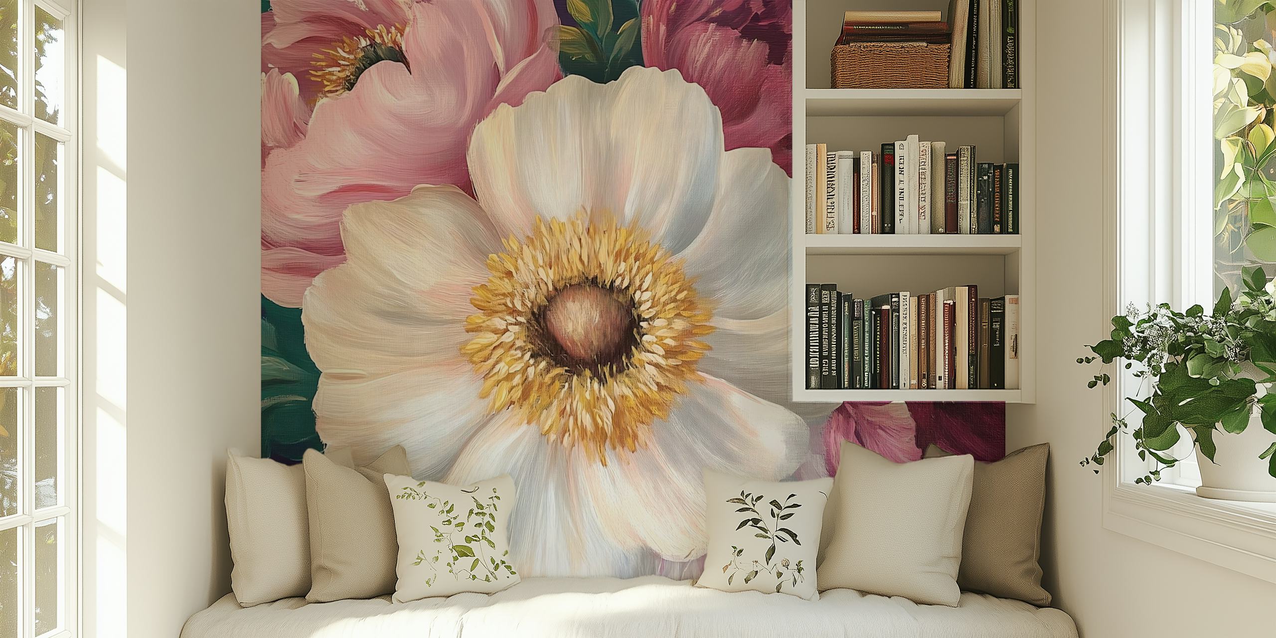 Large white and pink flowers with green leaves wallpaper