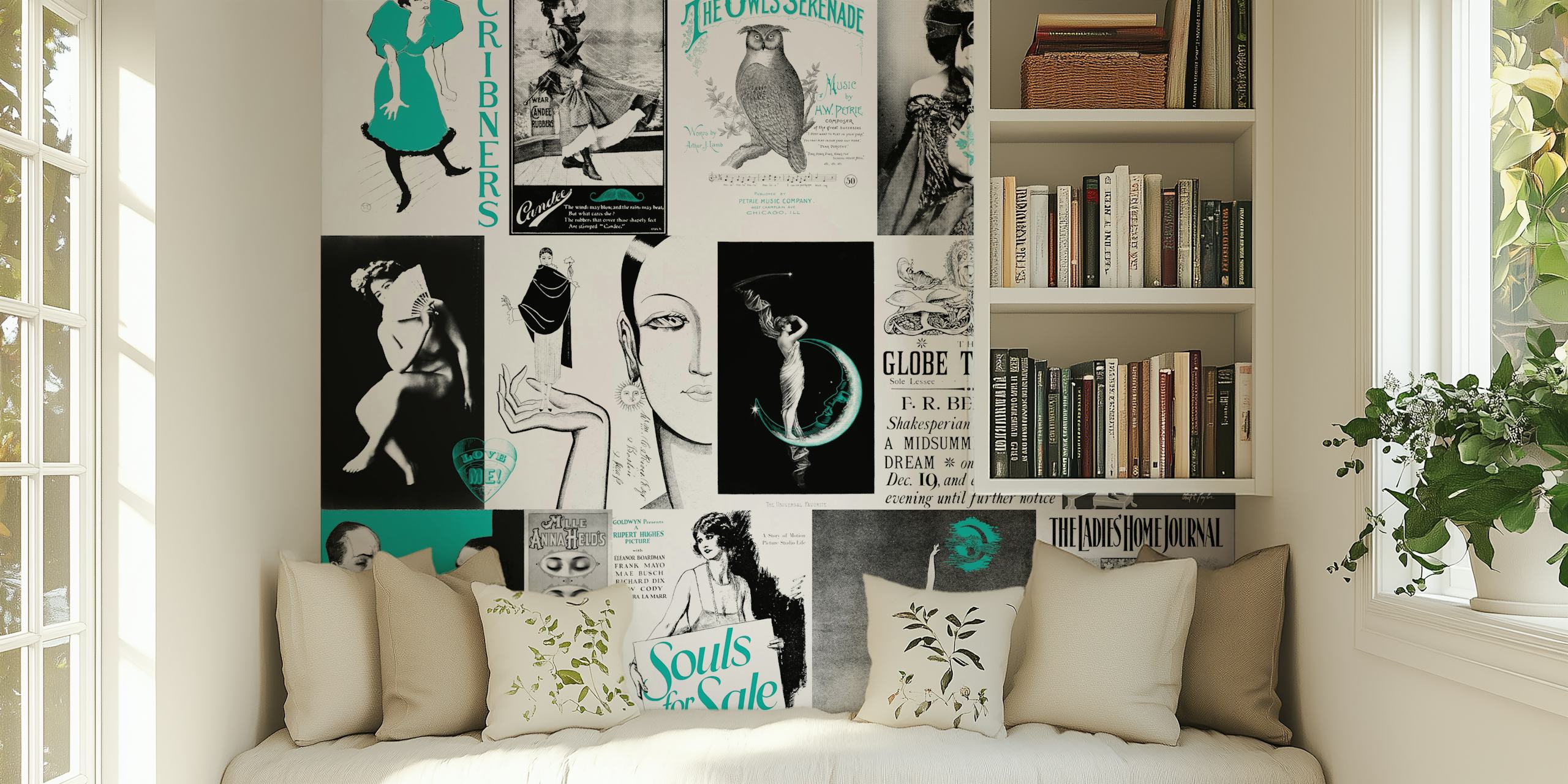 Vintage art collage in turquoise and black wallpaper