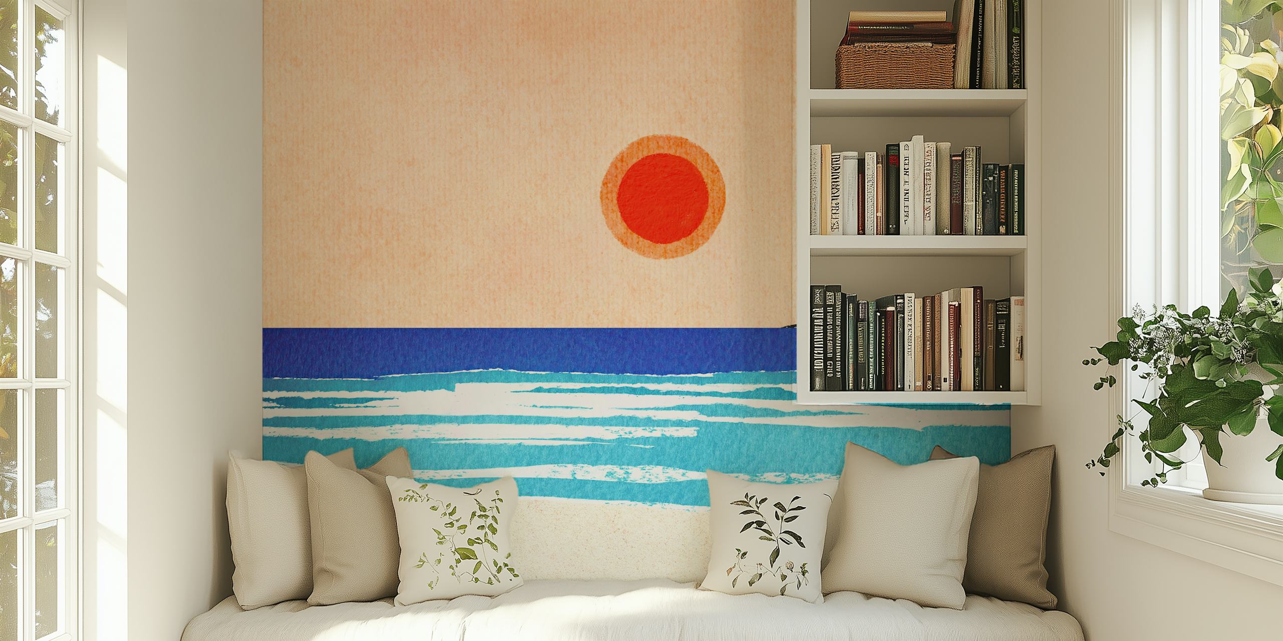 Minimalist ocean sunset wallpaper with orange sun and blue waves