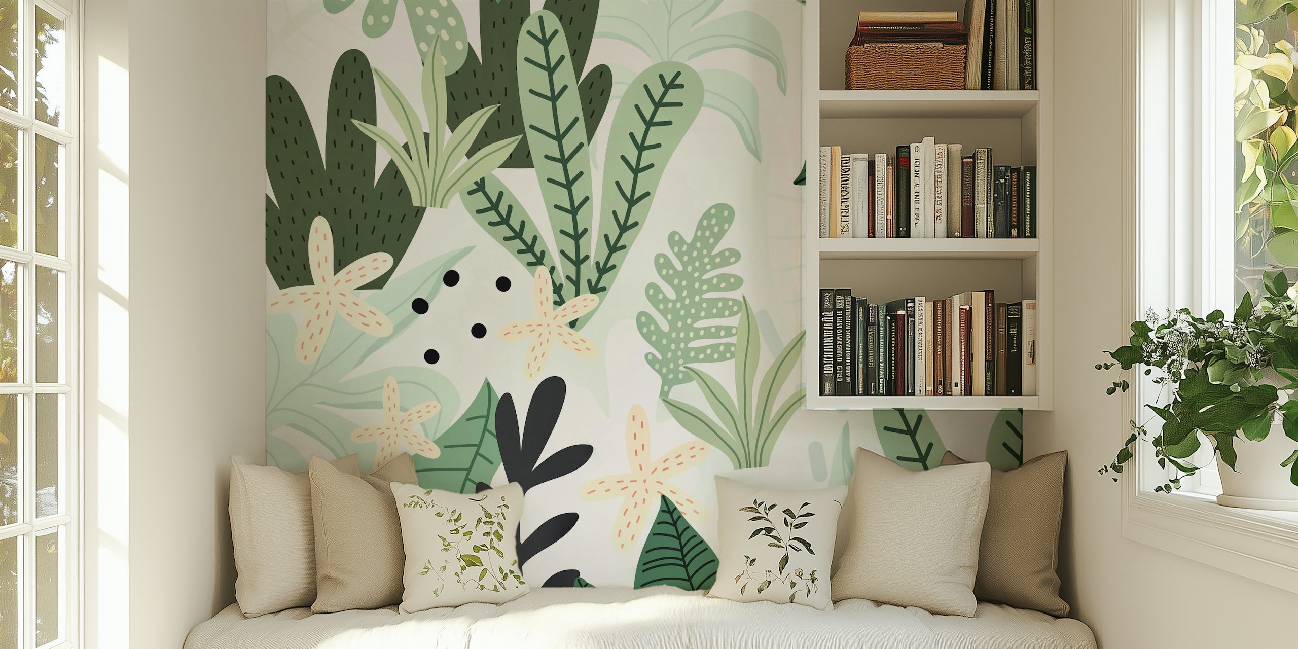 Tropical green leaves and flowers in light colors wallpaper