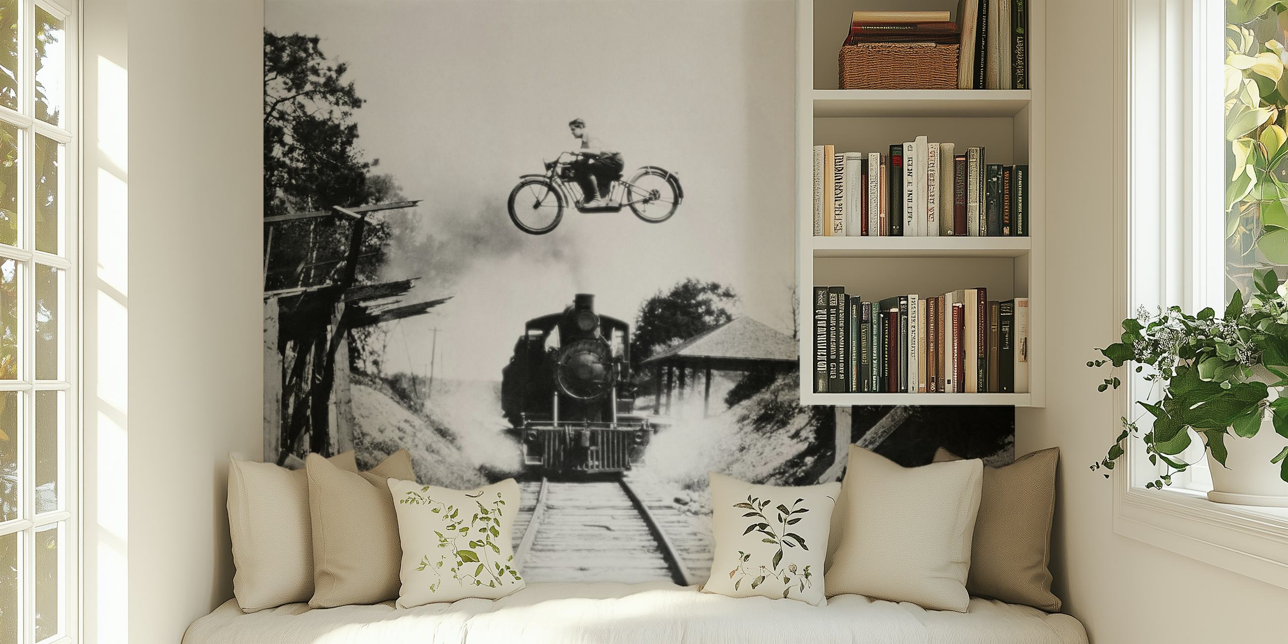 Vintage black and white motorcycle jump above a train wallpaper