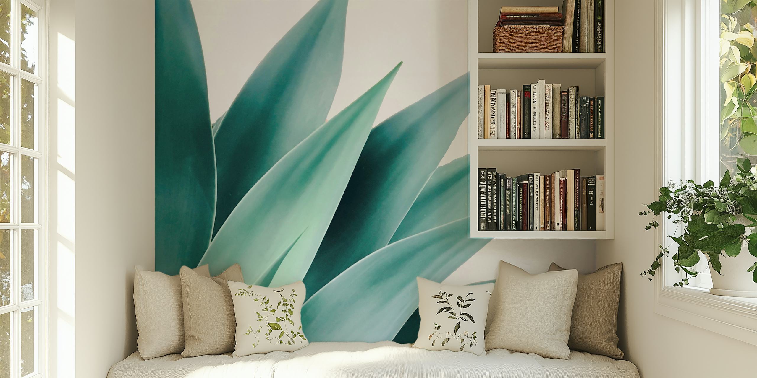Agave green leaves wallpaper in a tropical style