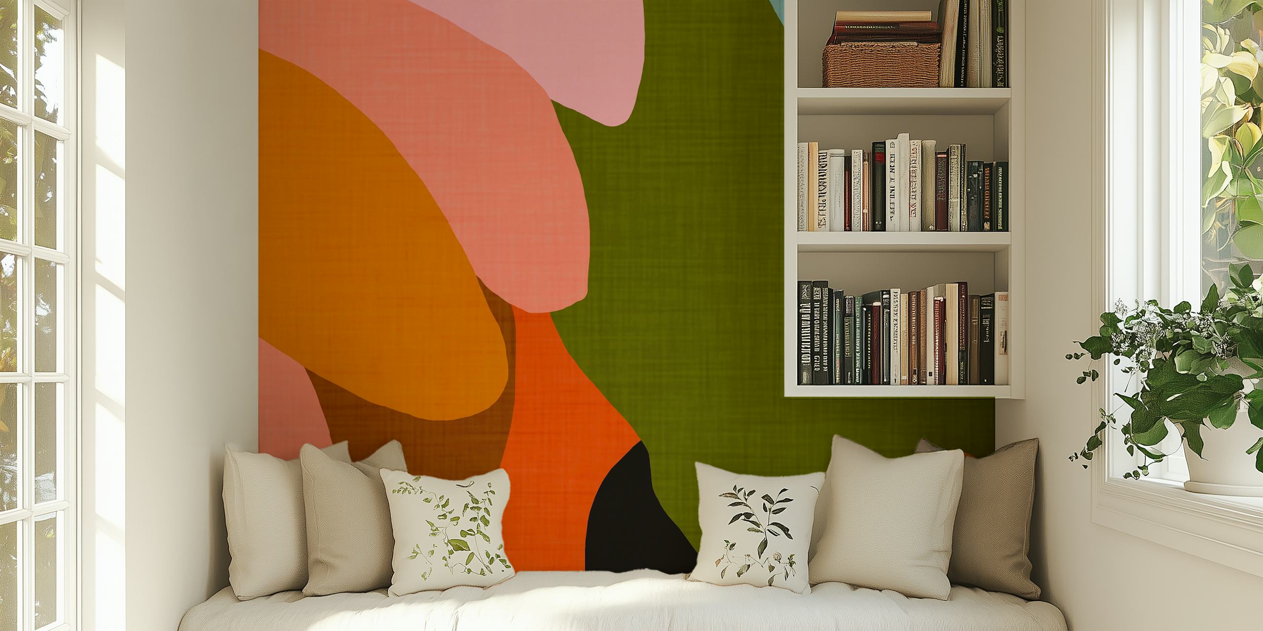 Colorful abstract floral pattern with pink and green shapes wallpaper