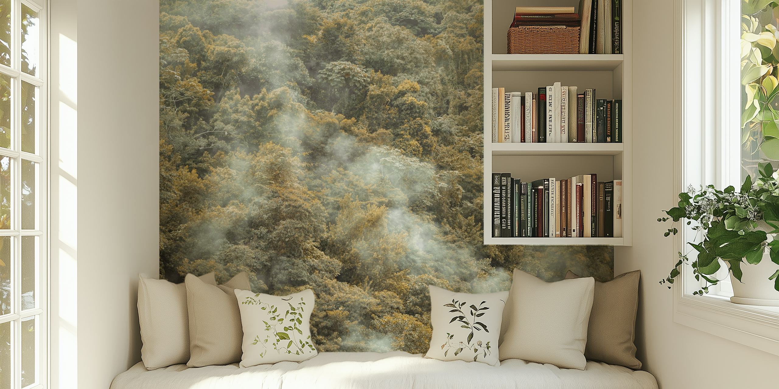 Misty forest canopy wallpaper in a room