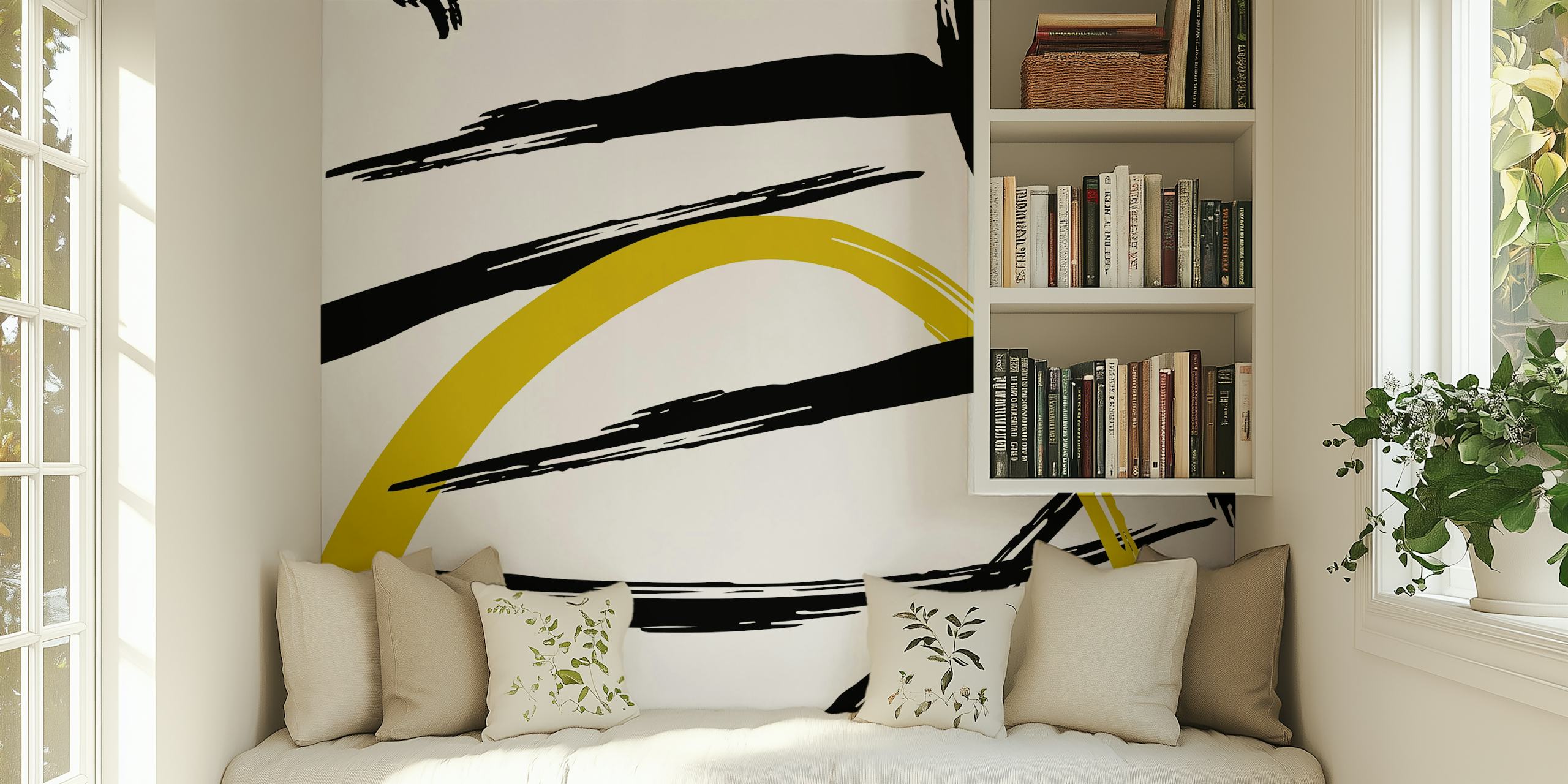 Abstract black and yellow strokes tapet i et rom