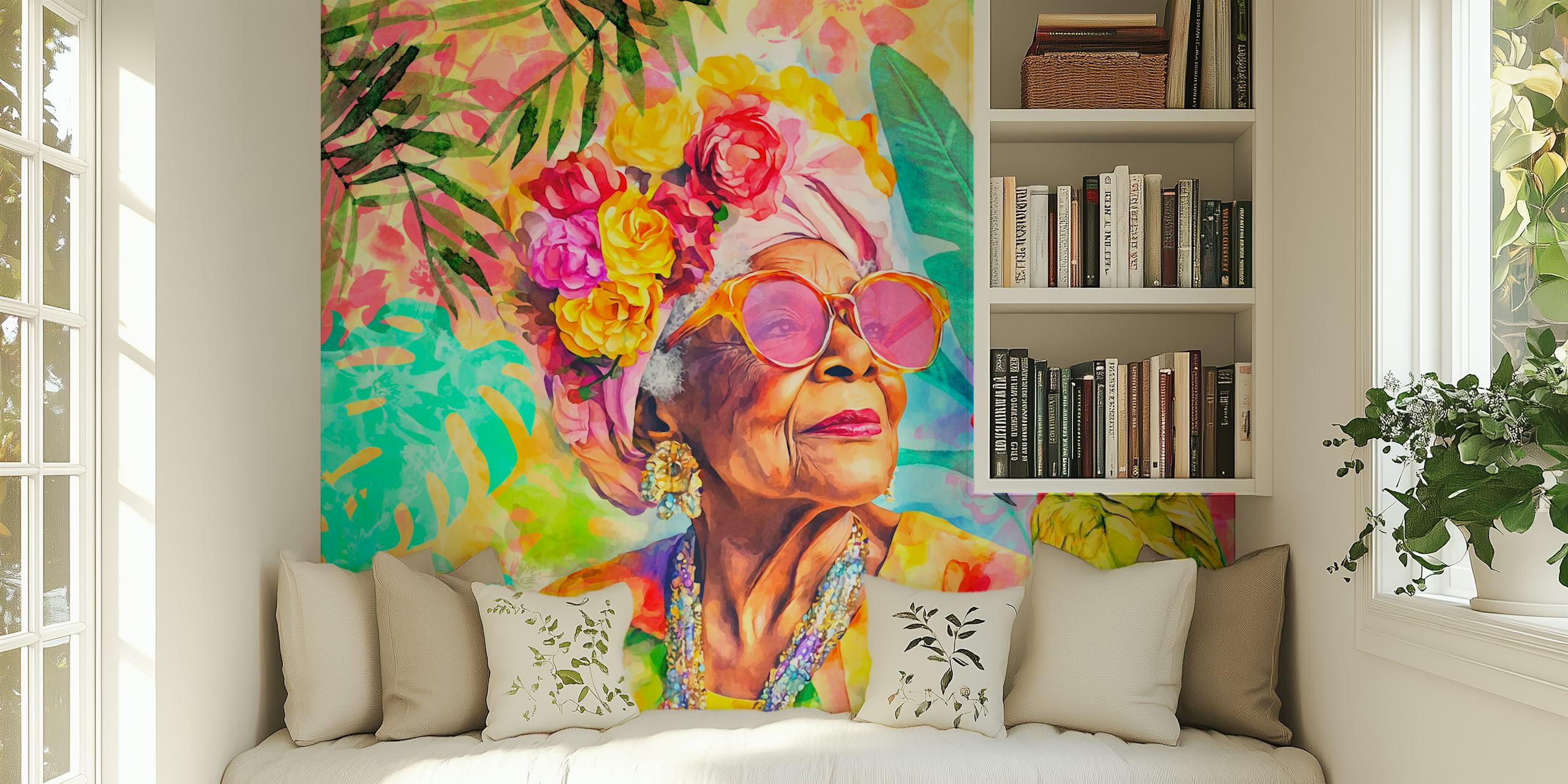 Tropical floral wallpaper featuring a woman with flowers and a parrot