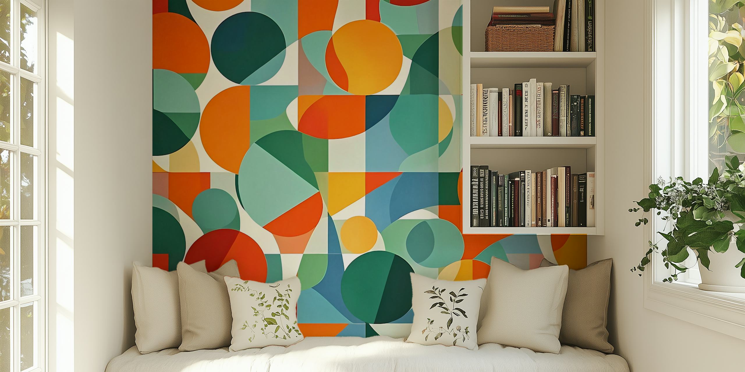 Playful geometric mosaic wallpaper w pokoju