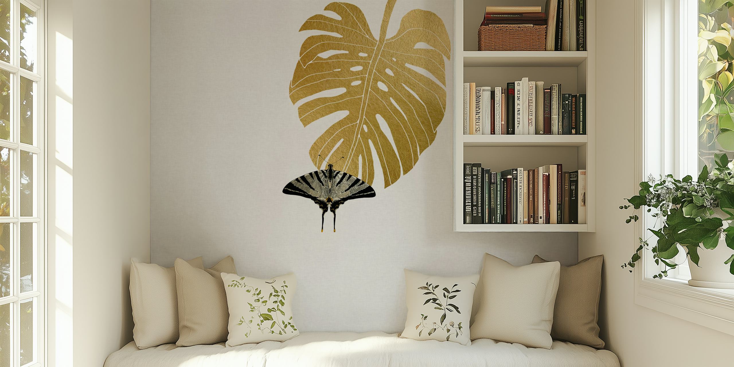 Butterfly and Monstera leaf mural in a room