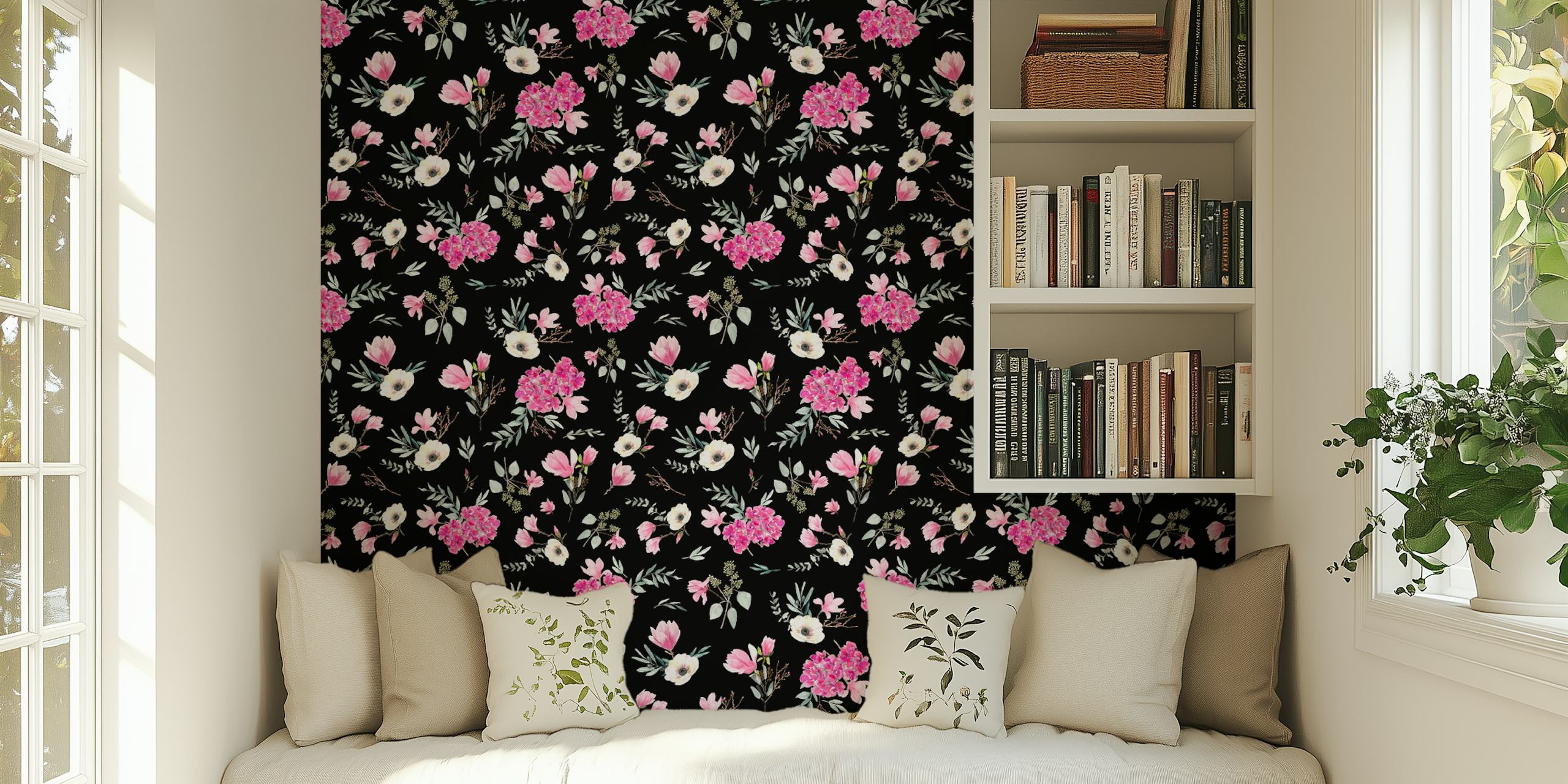 Floral wallpaper in pink and black design
