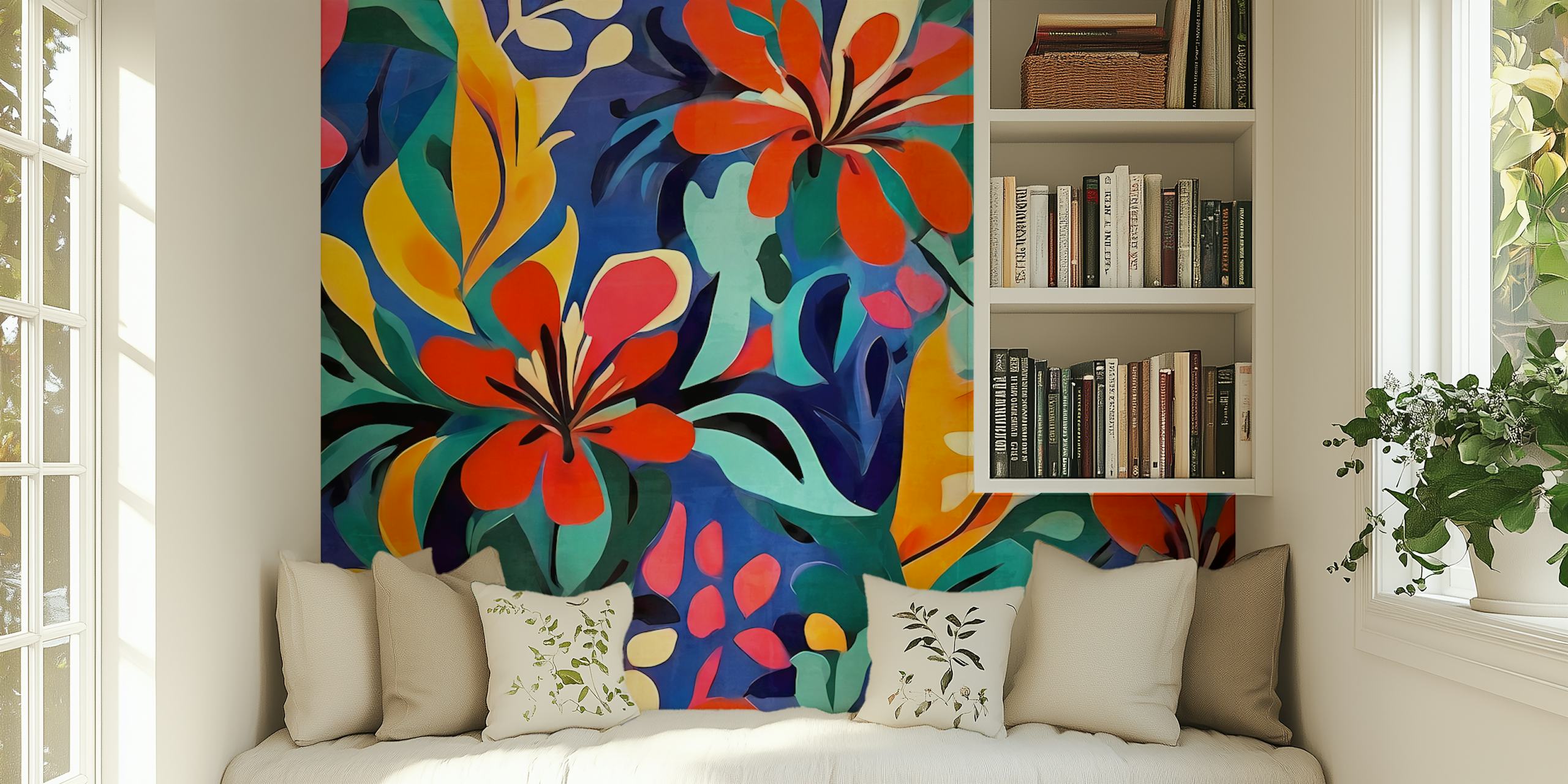 Vibrant tropical foliage wallpaper in a room