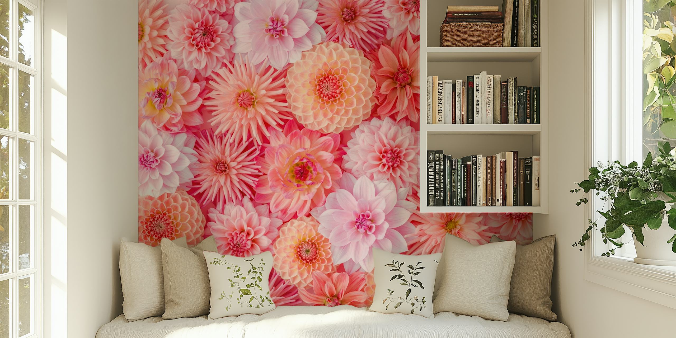 Floral wallpaper design featuring dahlias in pink tones