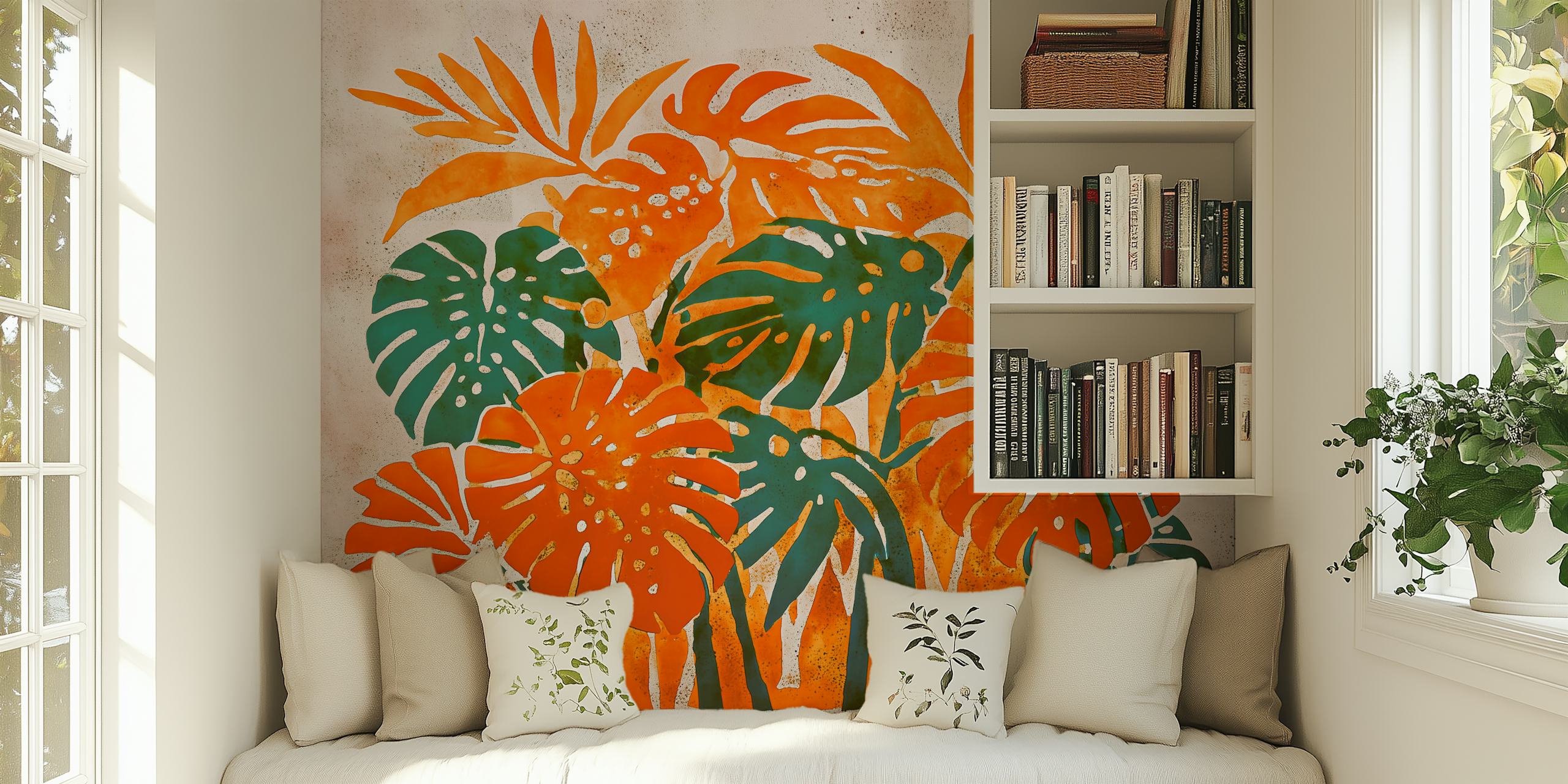 Tropical green and orange leaves on textured background wallpaper