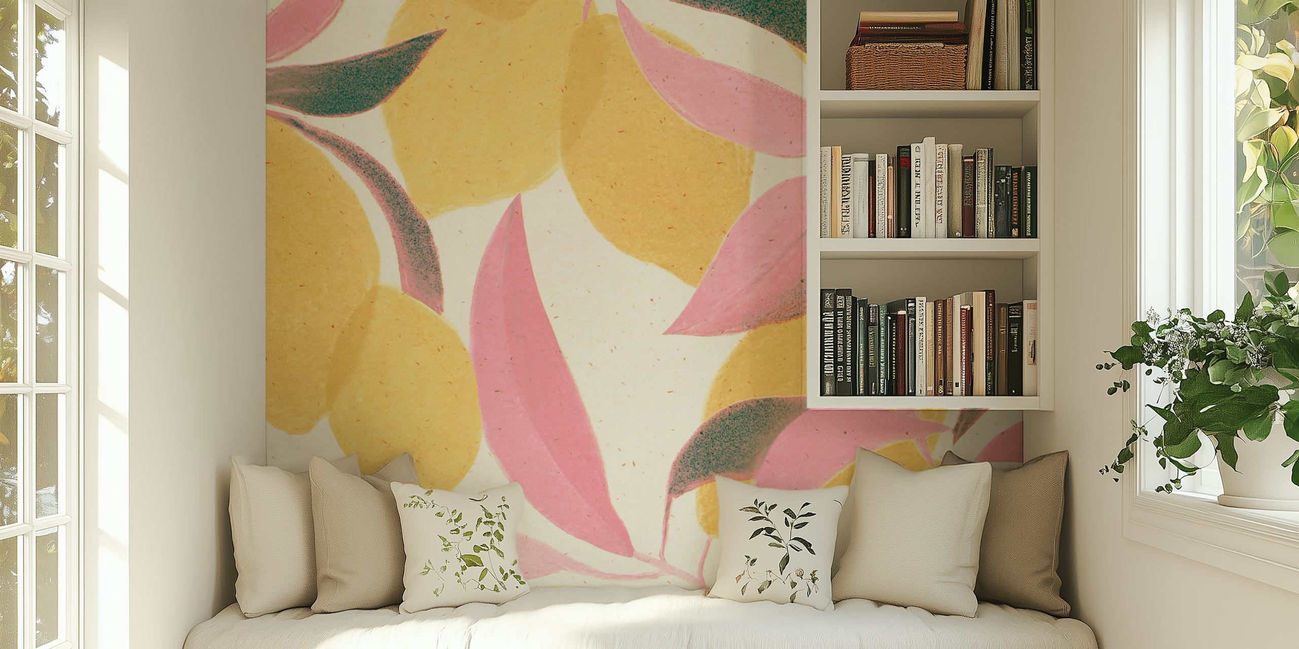 Lemon and pink leaf patterns on beige background wallpaper