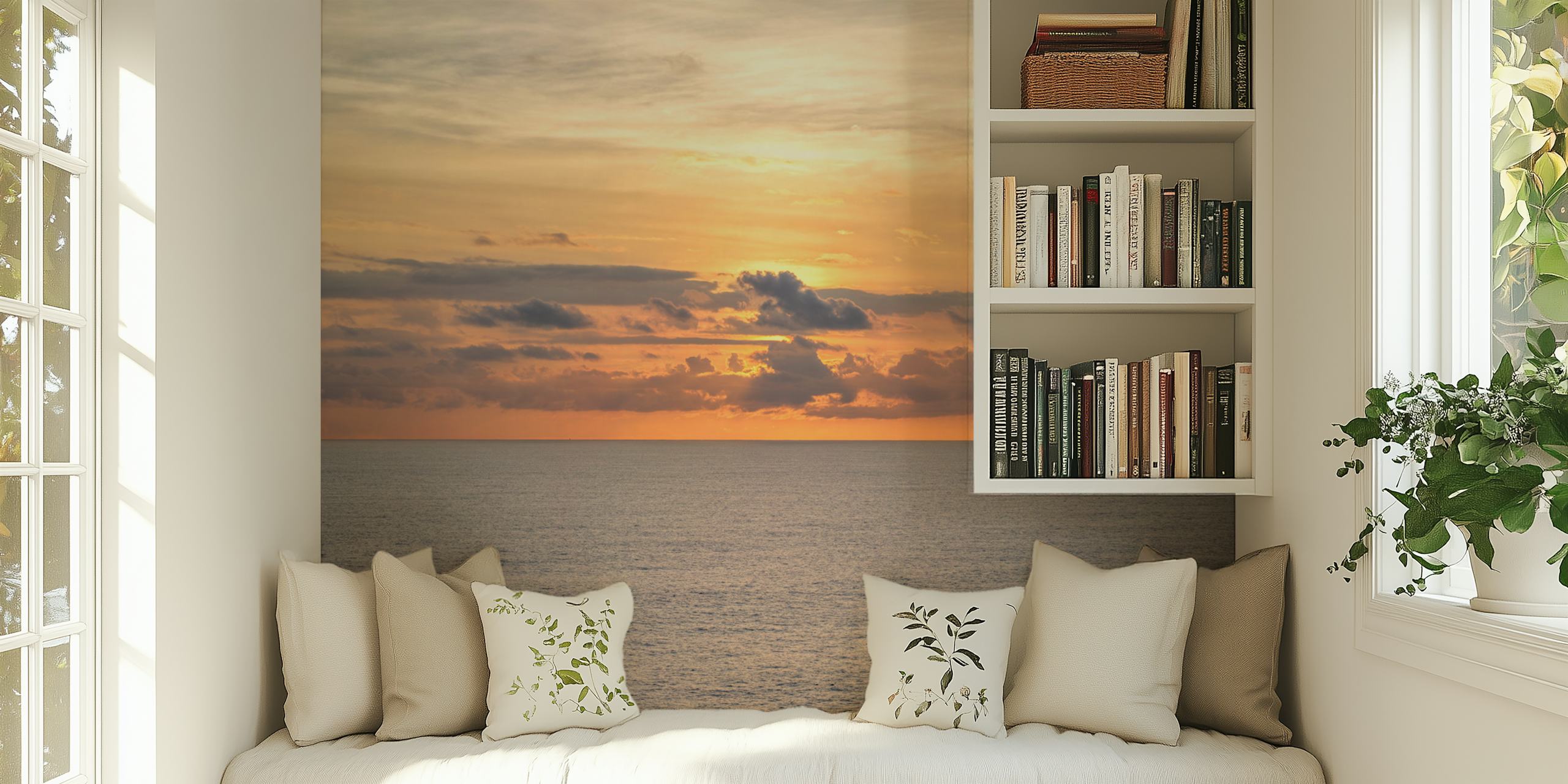 Serene ocean sunset with warm orange and blue hues wallpaper
