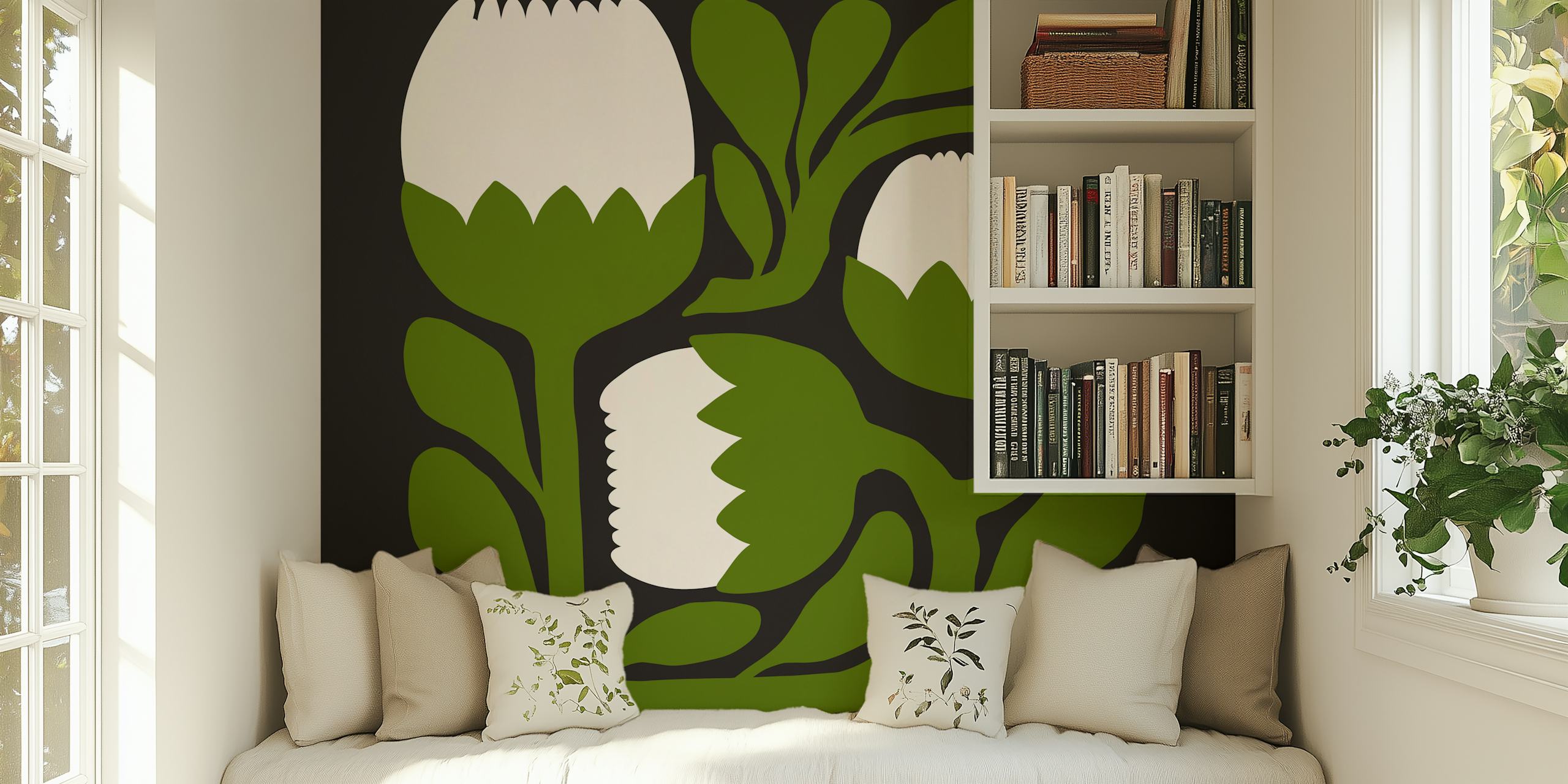 Minimalist floral design of white tulips with green leaves wallpaper