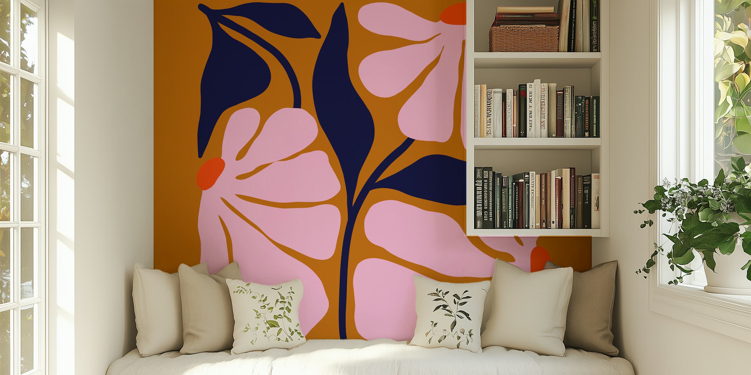Pink flowers with dark green leaves on a brown background wallpaper