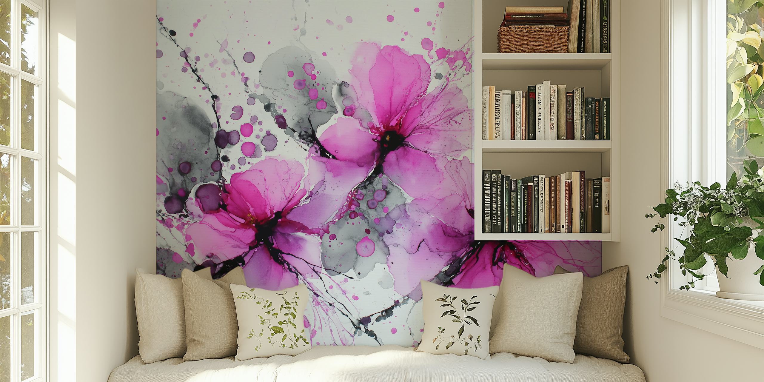 Pink floral ink splatter design featuring gray and black accents wallpaper