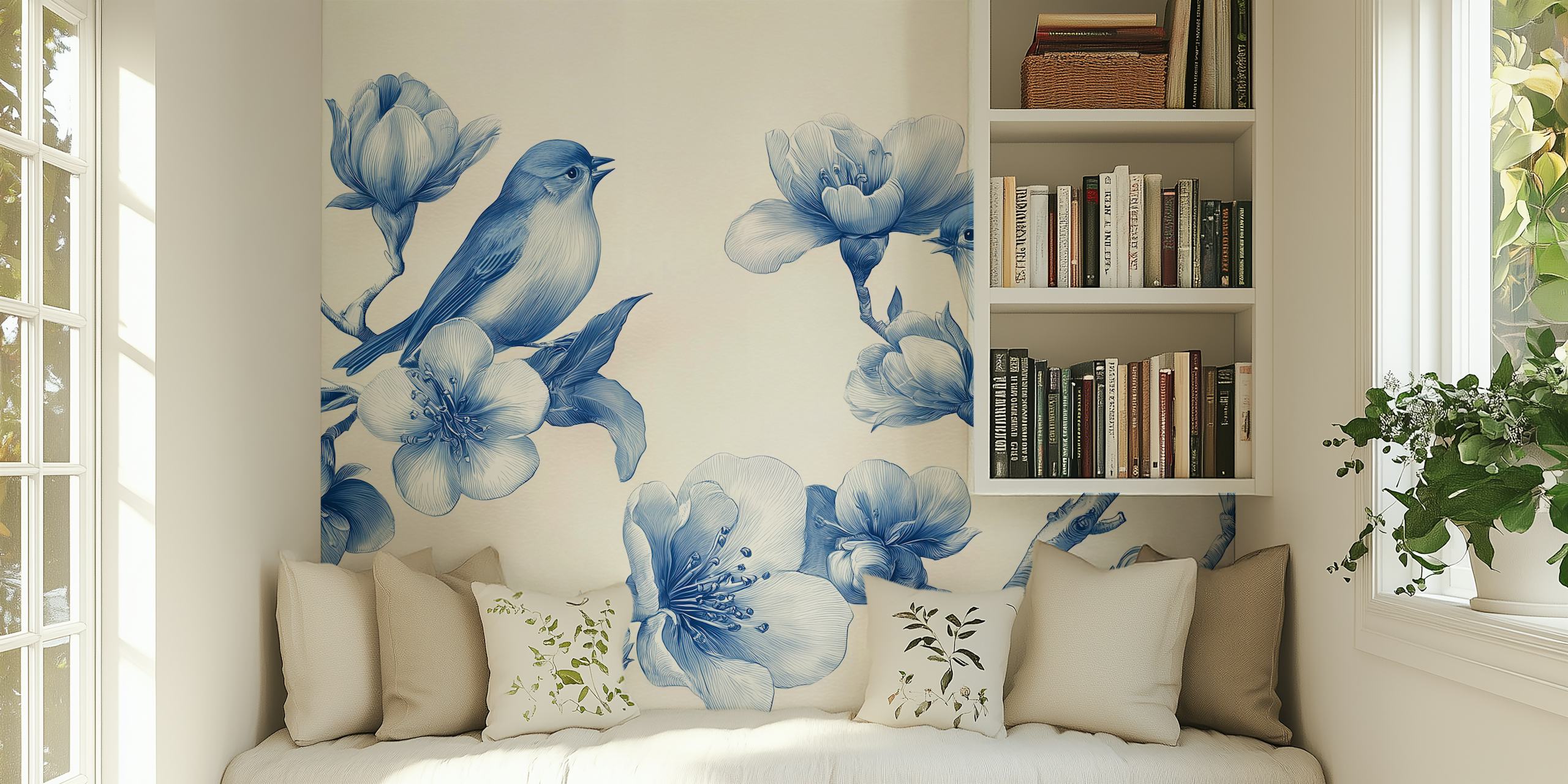 Blossoming Bluebird wallpaper design in a room