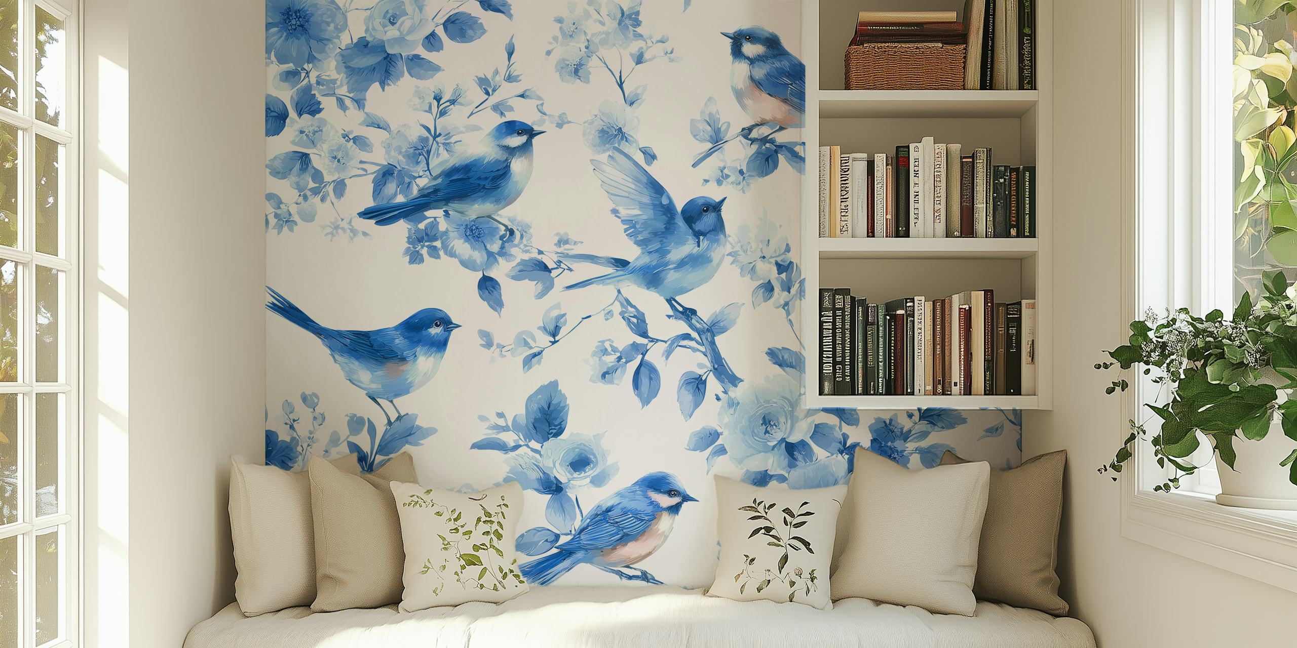 Bluebirds perched on blooming flowers in shades of blue wallpaper
