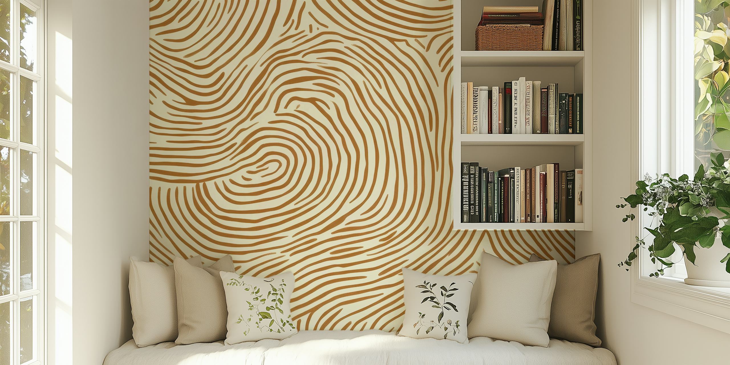 Brown abstract wavy lines on cream background wallpaper