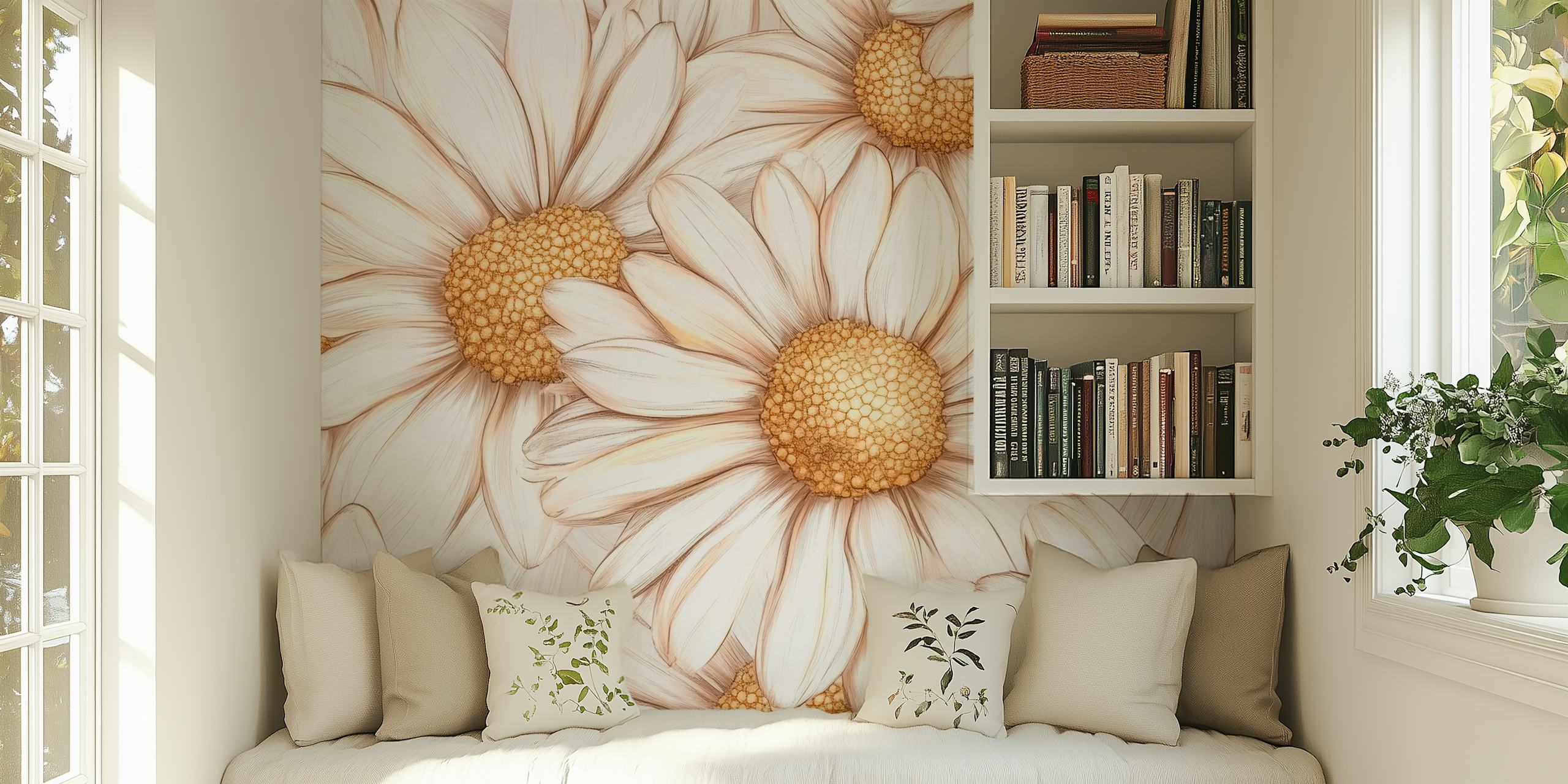 Golden daisy wallpaper v nastavení místnosti