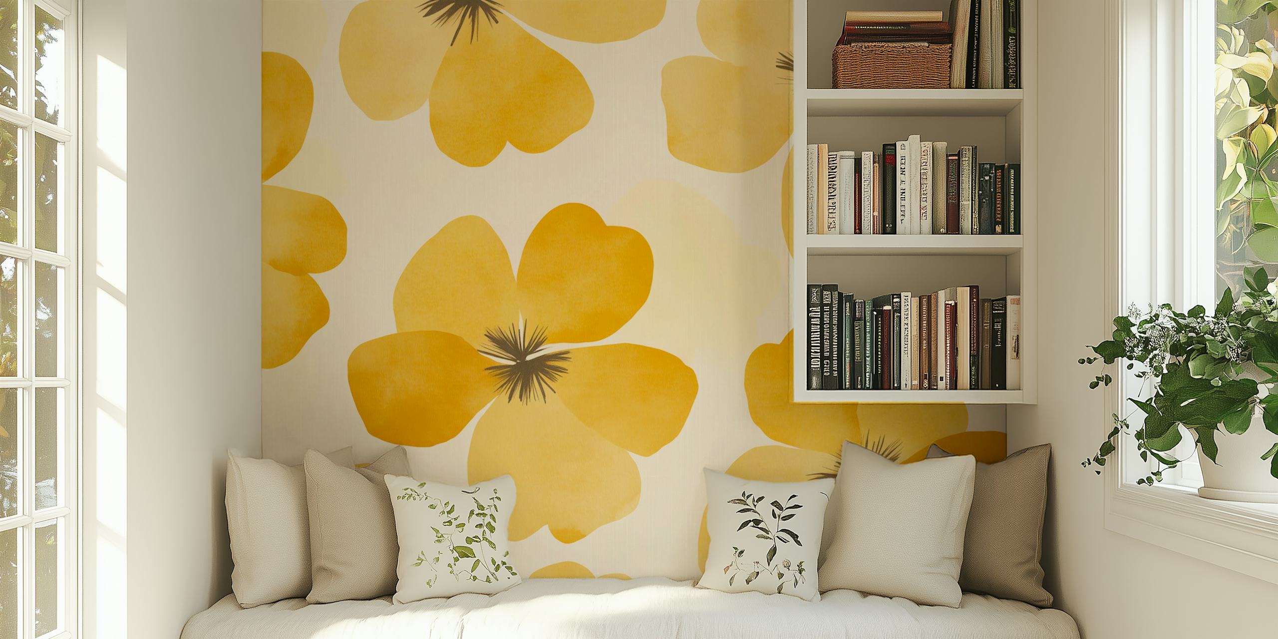 Butter yellow floral wallpaper in a room
