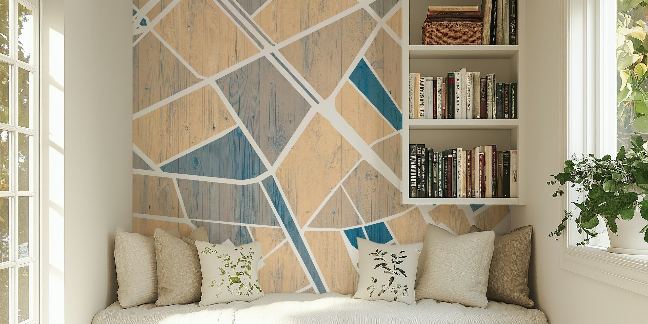 Geometric city map design in blue and beige tones wallpaper