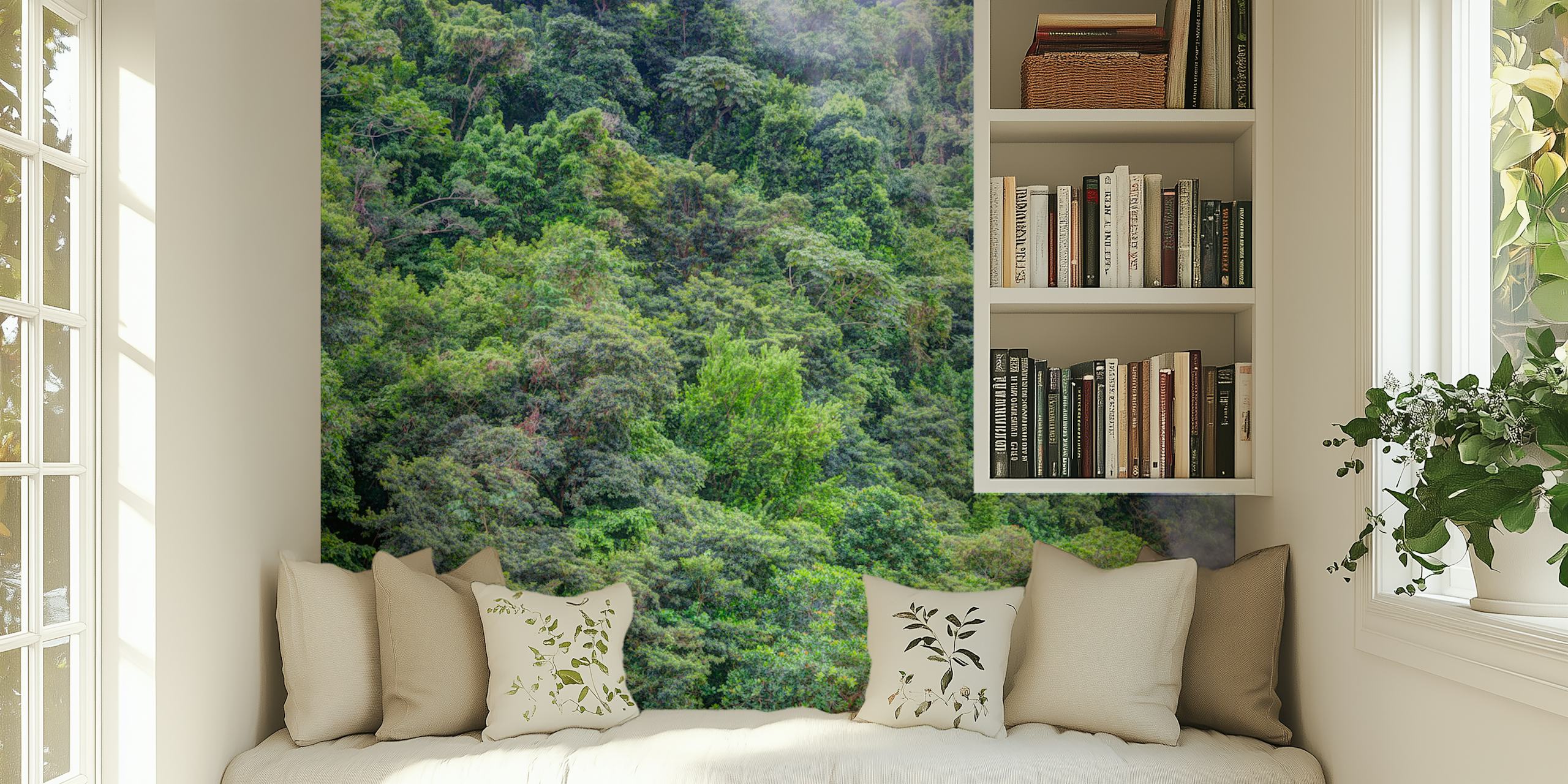 Dense green forest wallpaper with various shades of green