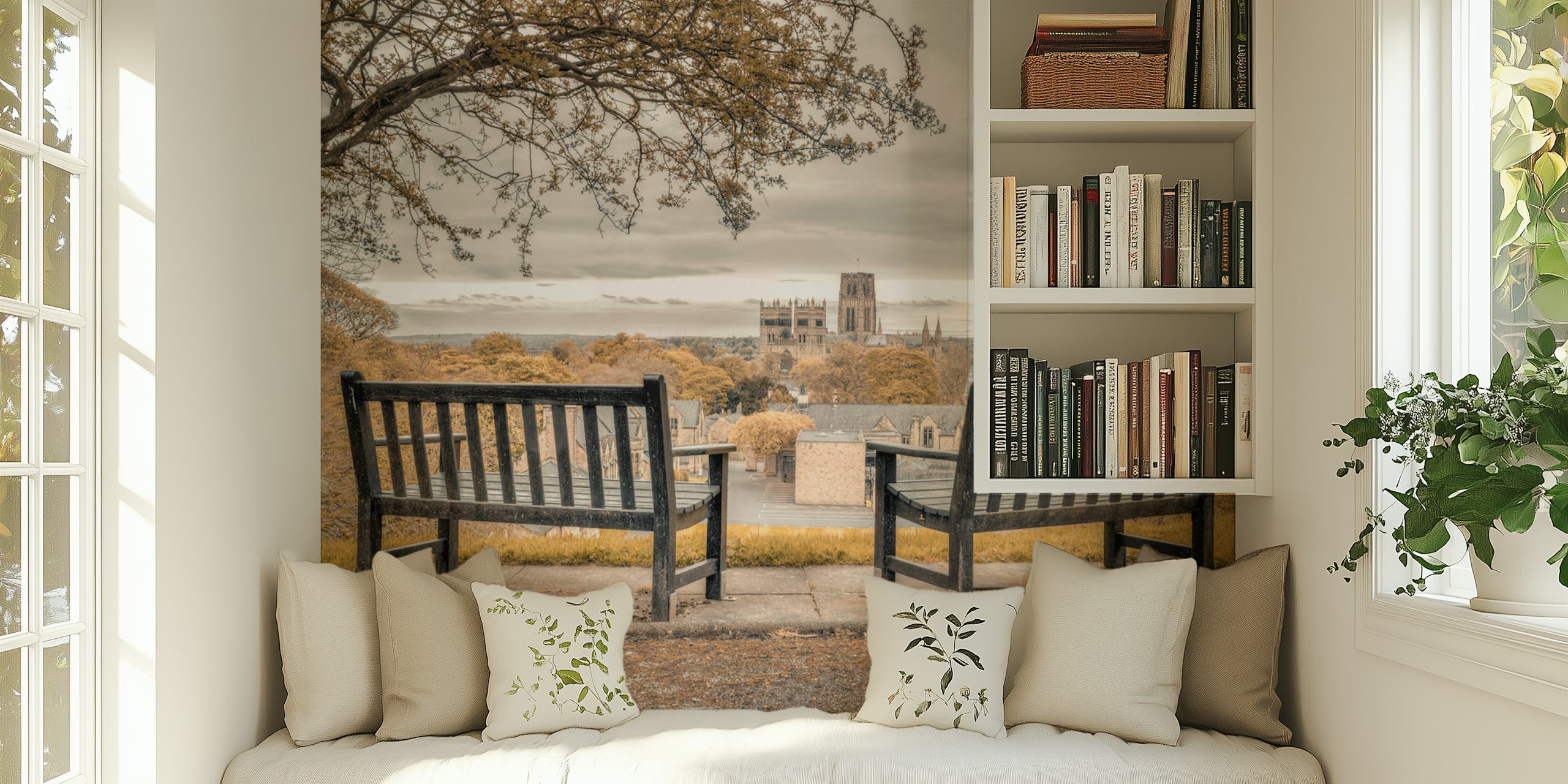Autumn Bench Vista-behang weergegeven in een kamer