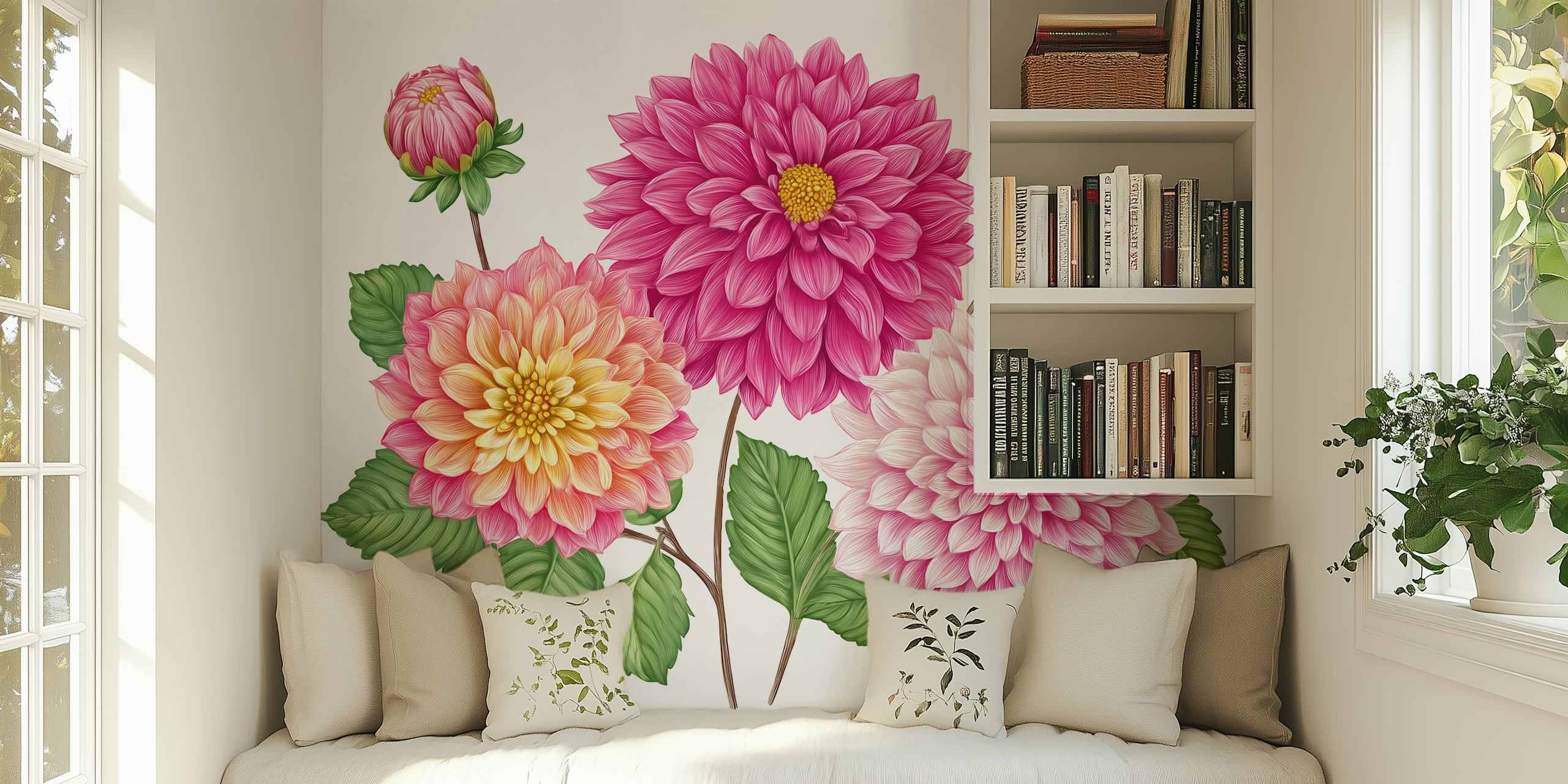 Large pink and orange dahlia flowers with green leaves wallpaper