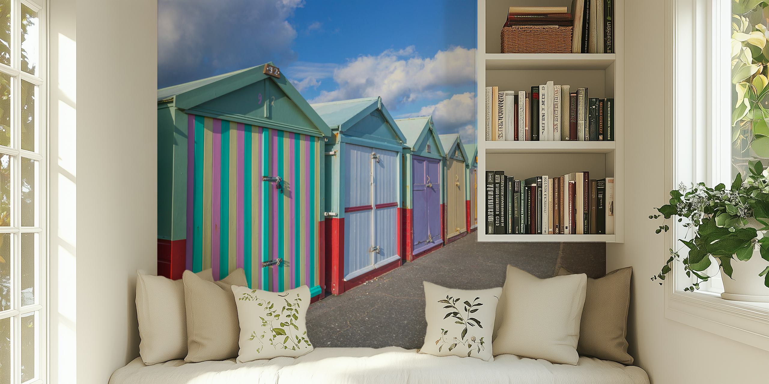 Colorful beach huts with striped patterns in pastel shades wallpaper