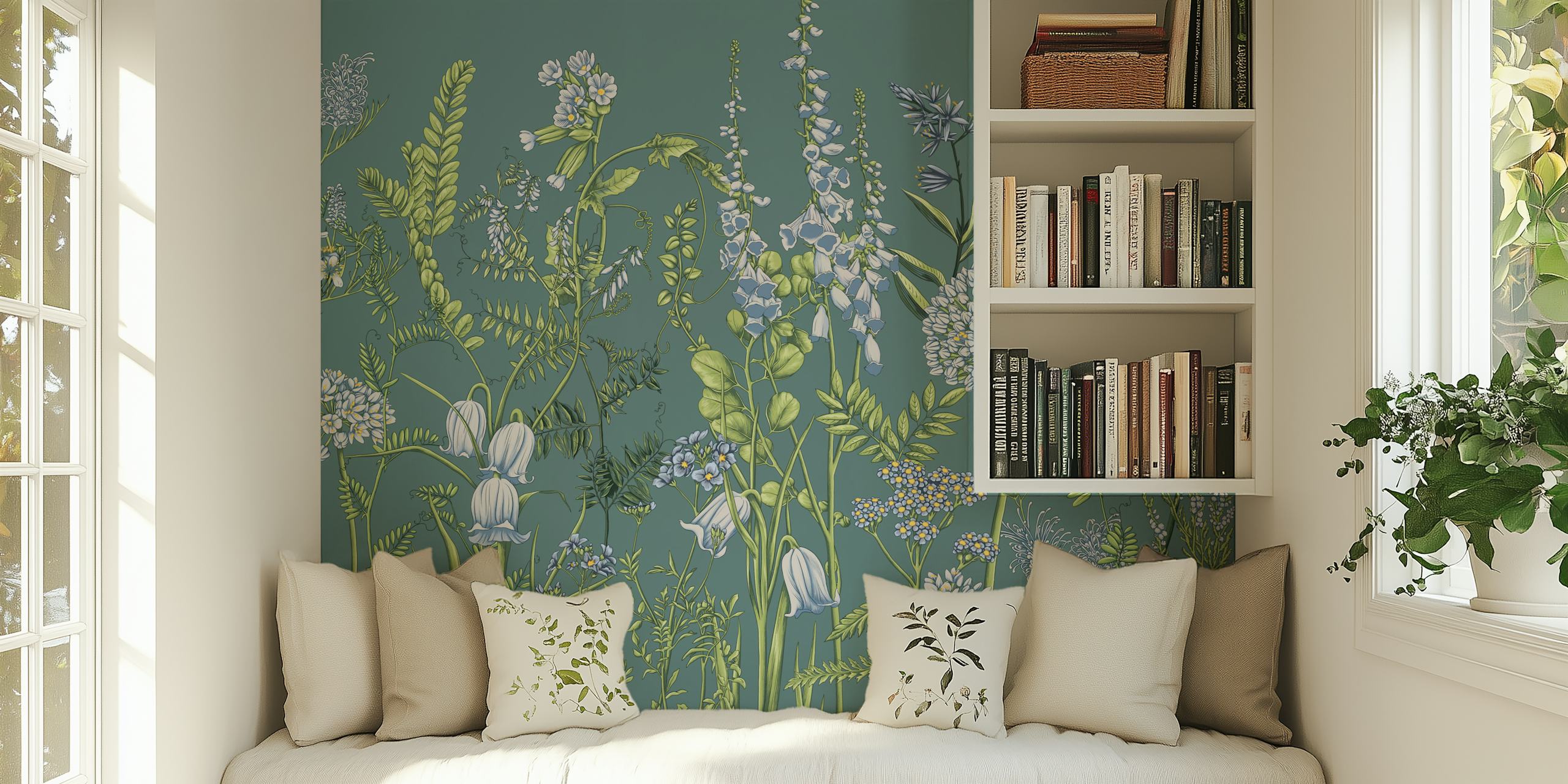 Delicate botanical floral wallpaper with green background and white flowers