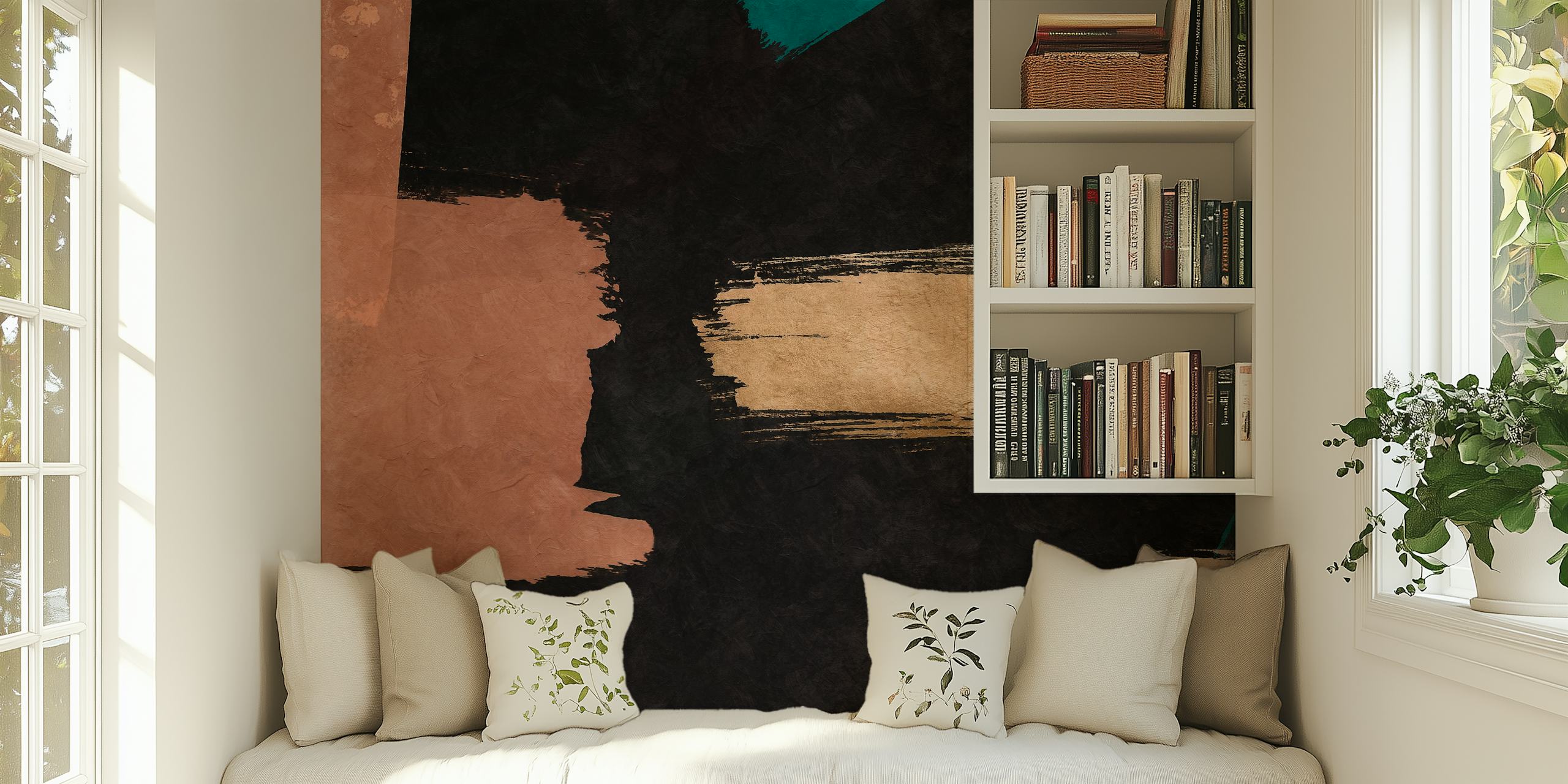 Abstract brush stroke wallpaper in green, gold, black, and brown colors.