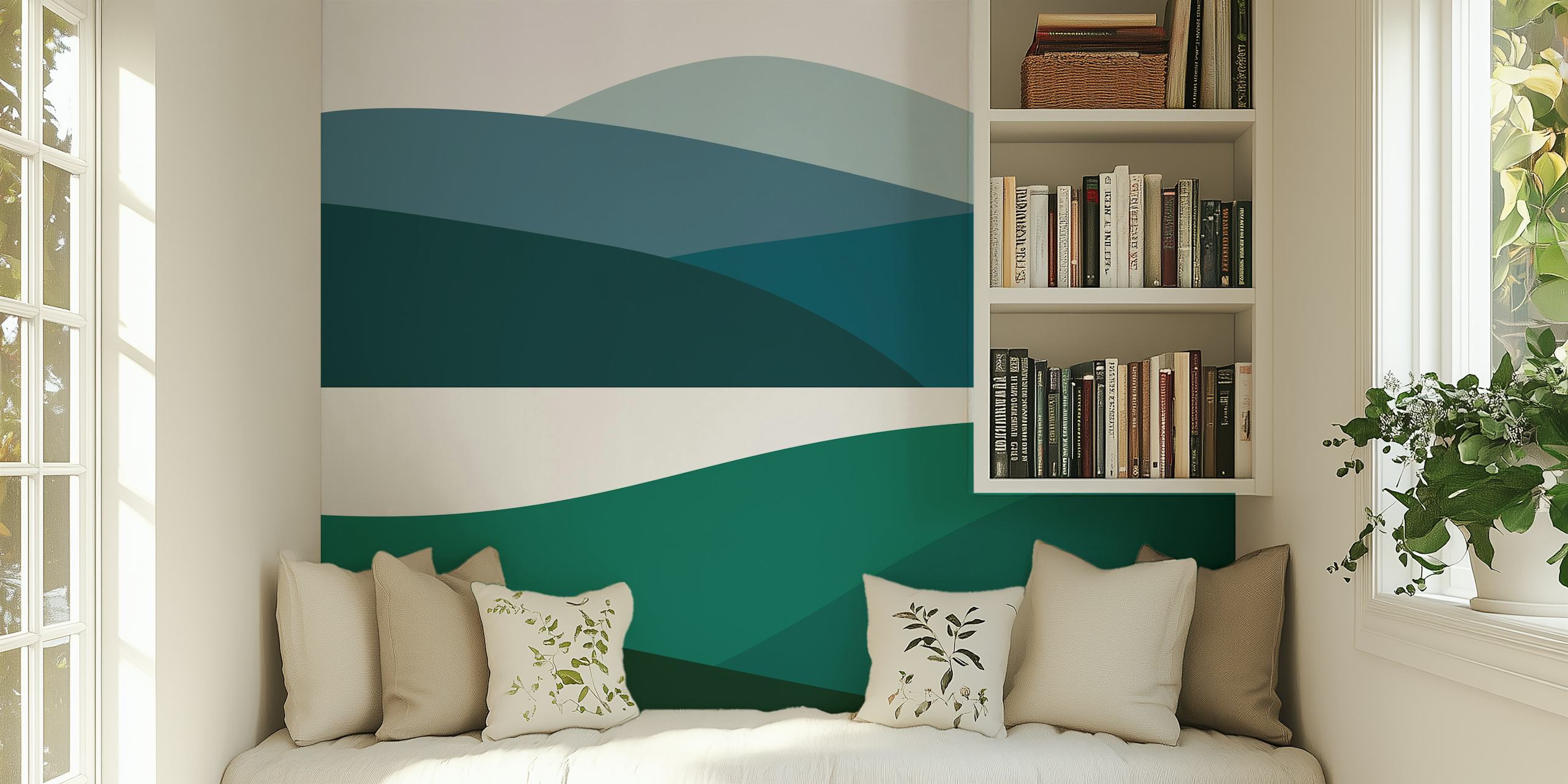 Abstract mountain landscape wall mural in shades of blue and green
