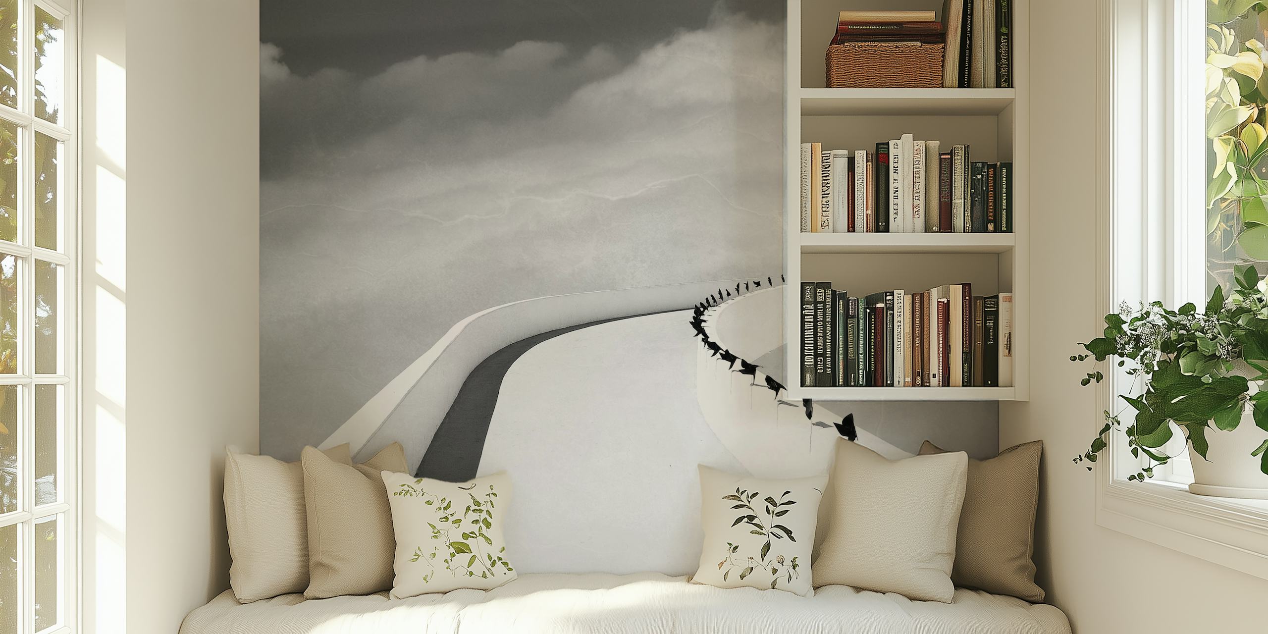 Monochrome wall mural with people on a winding road leading to the horizon
