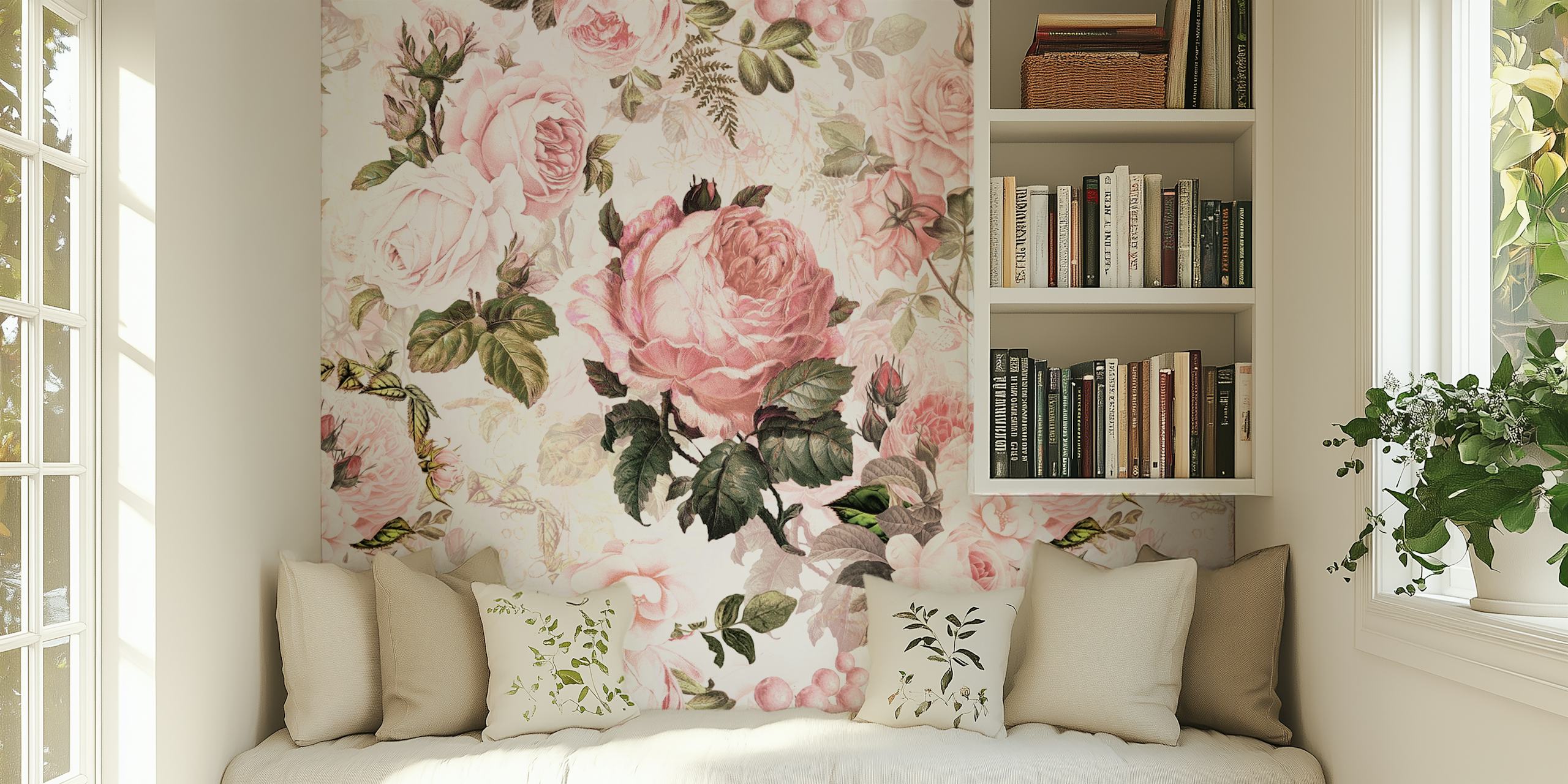 Vintage blush Victorian roses wallpaper featuring pink and green floral patterns